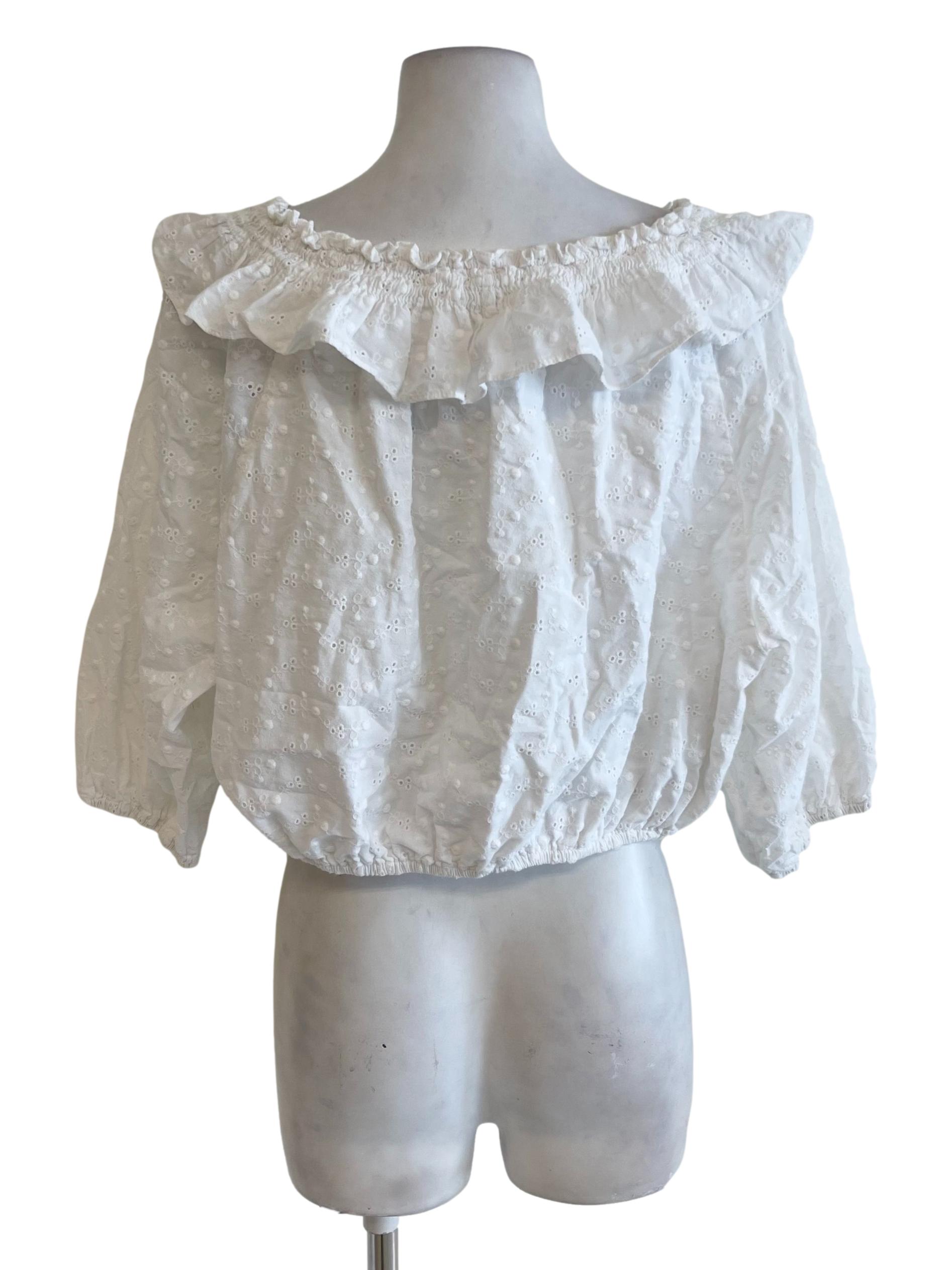 White Eyelet Crochet Ruffle Neck Blouse