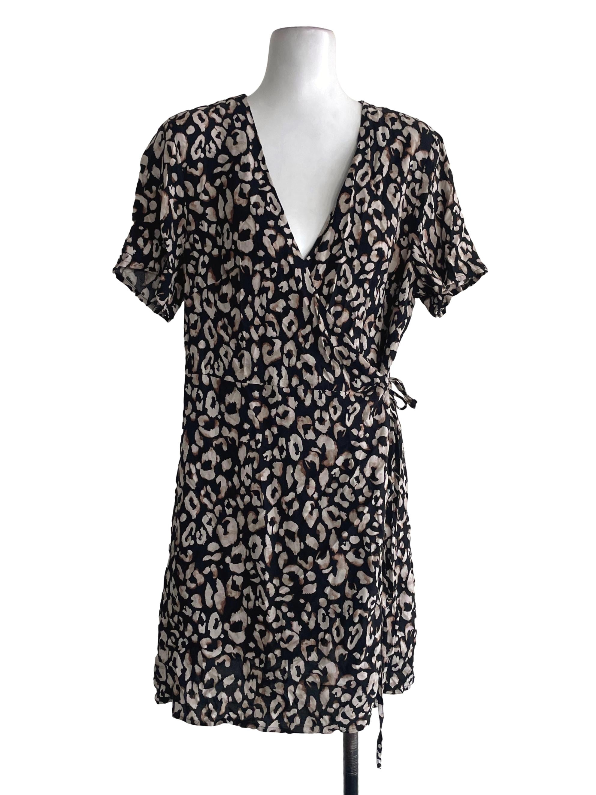 Black And Brown Leopard Wrap Dress