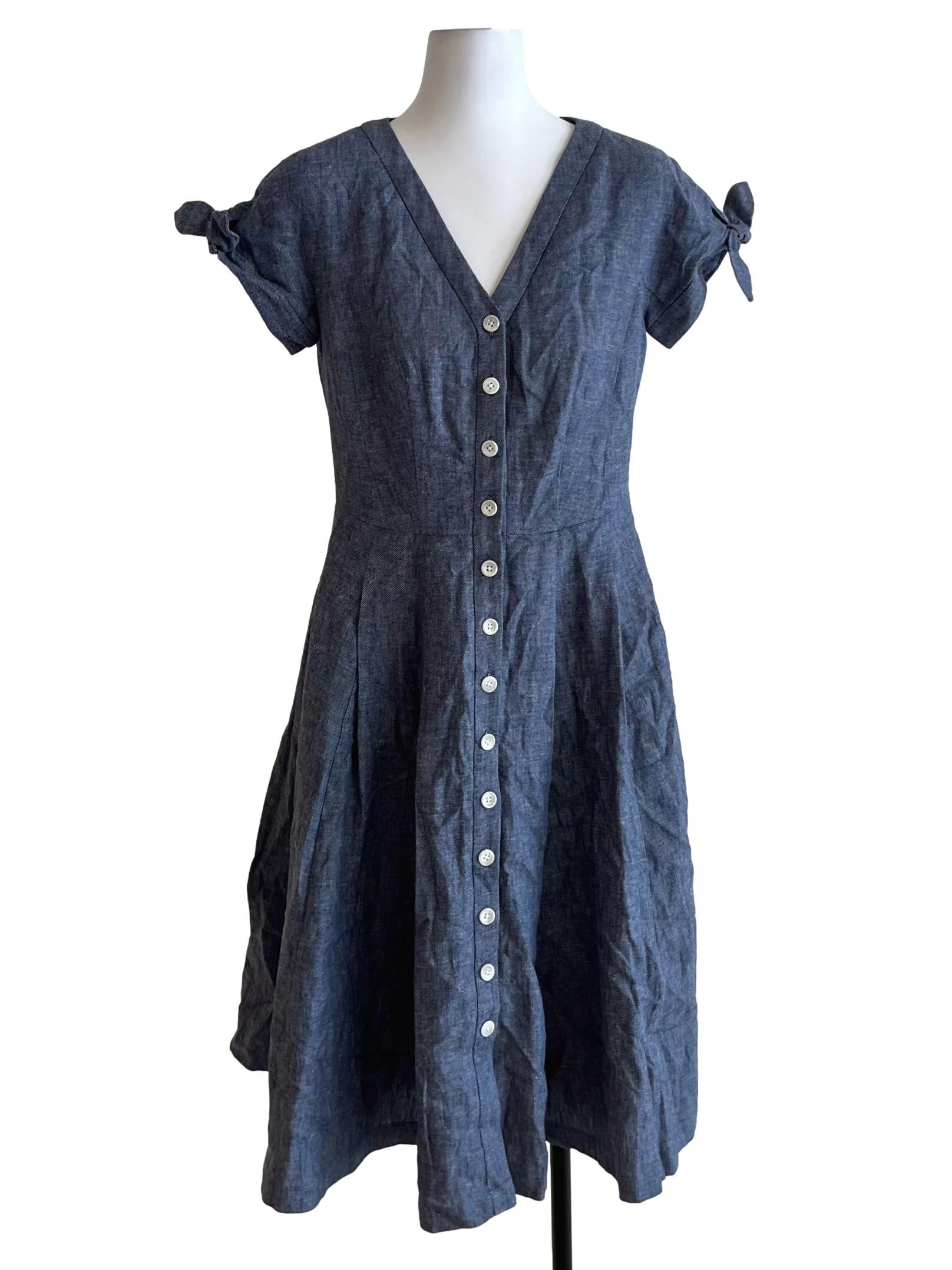 Blue V-Neckline Button Front Dress