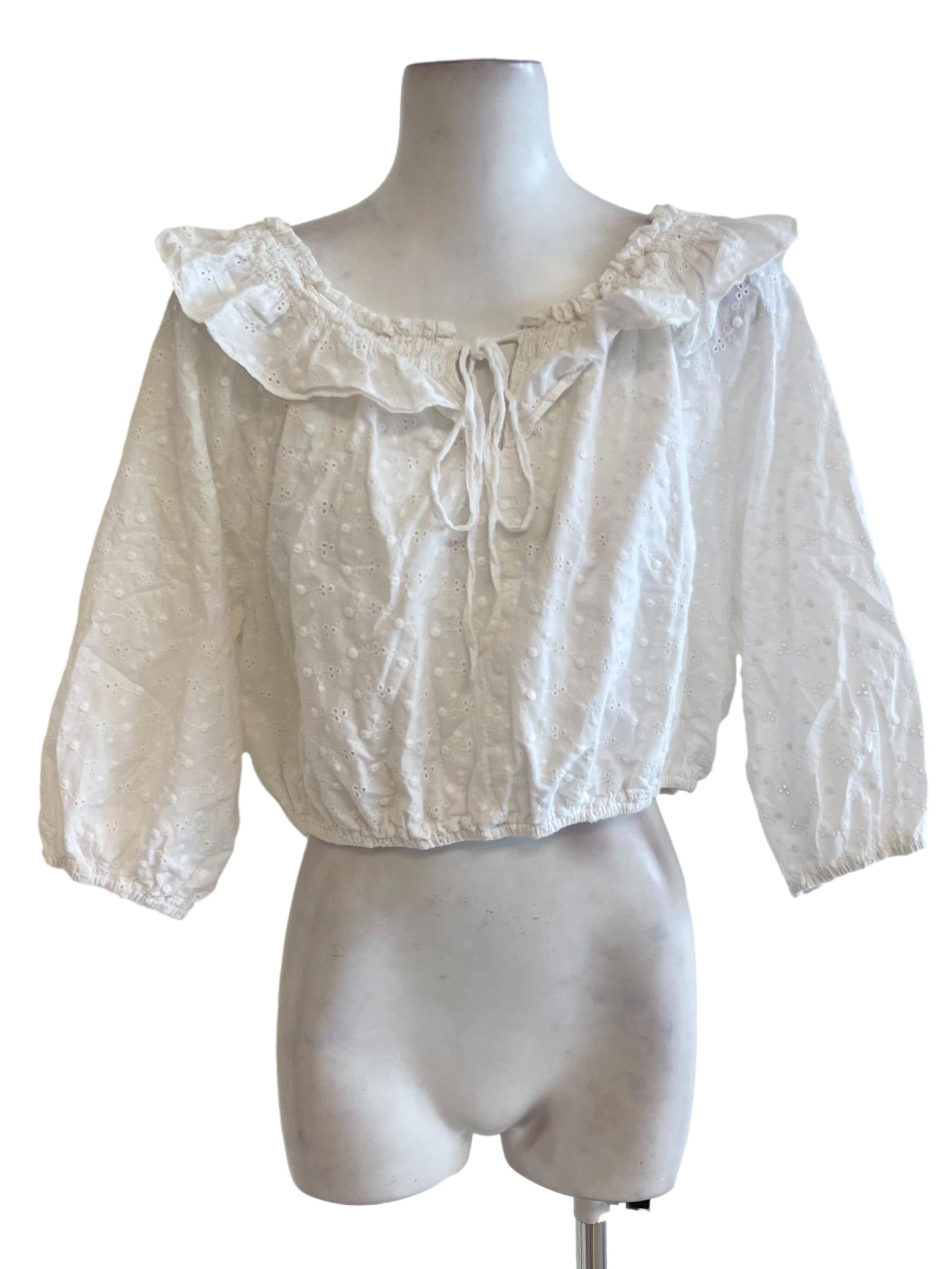 White Eyelet Crochet Ruffle Neck Blouse