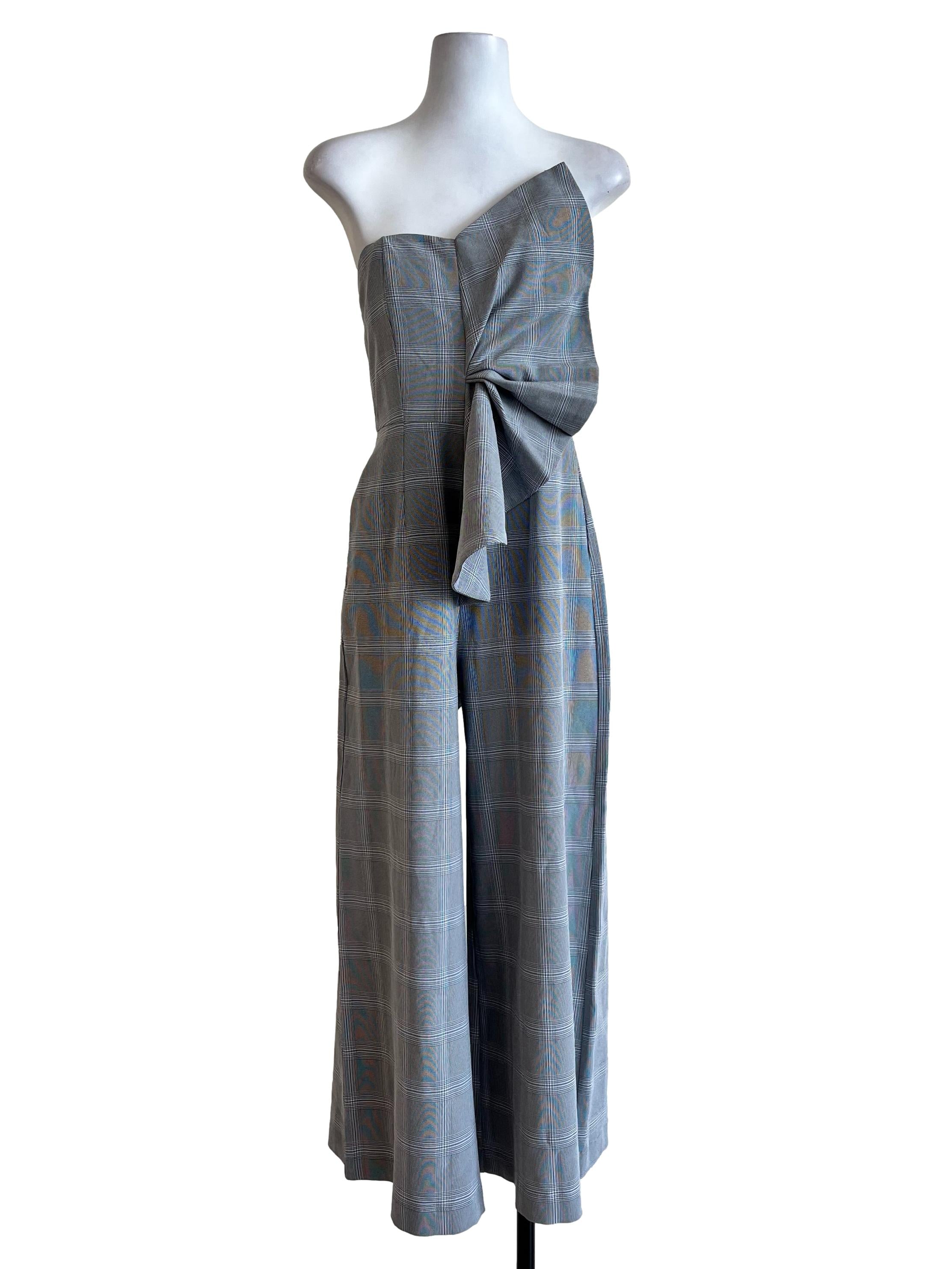 Grey Strapless Gingham Pattern Jumpsuit