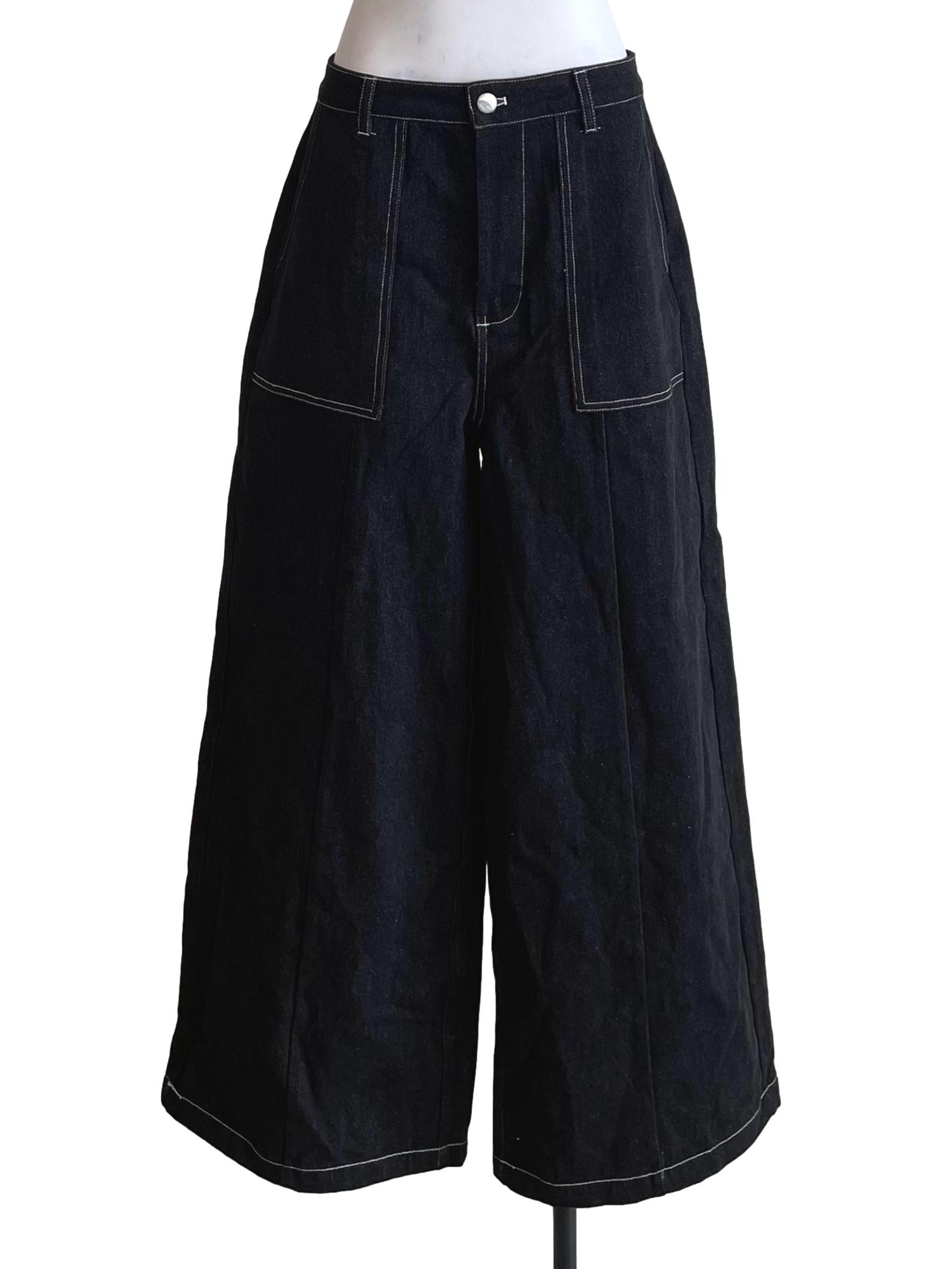 Charcoal Black Patch Pocket Wide Leg Jeans