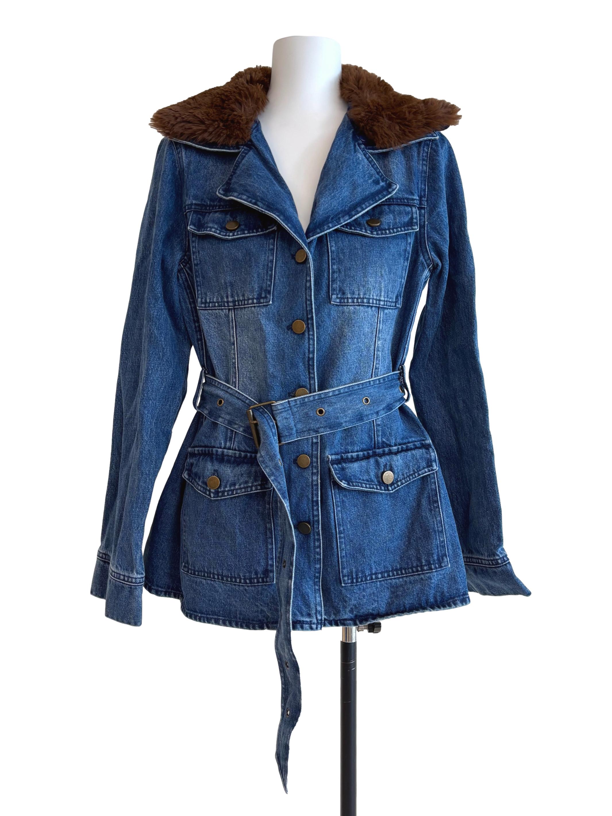 Blue Furry Denim Jacket With Belt
