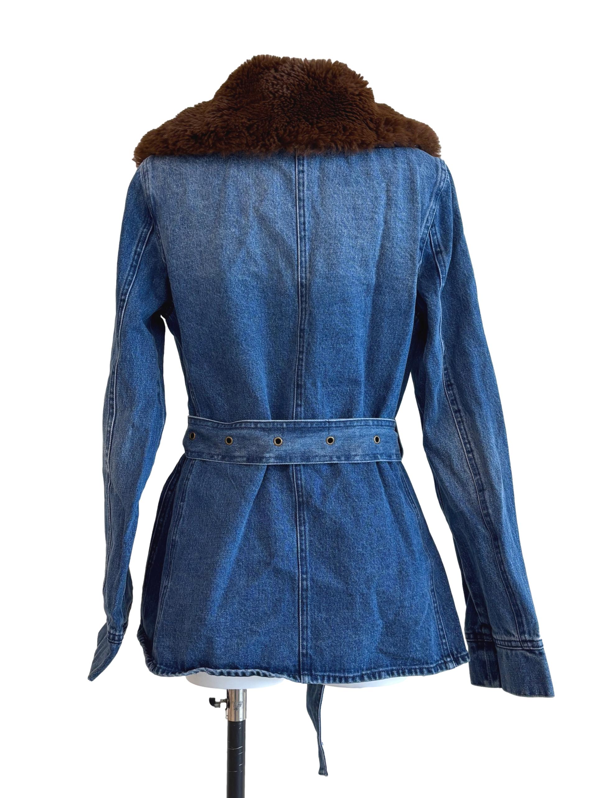 Blue Furry Denim Jacket With Belt