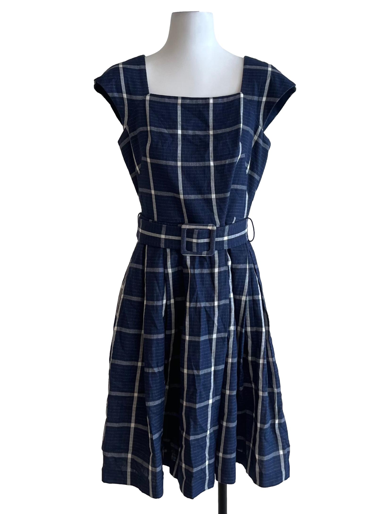Navy Blue Checkered Empire Dress