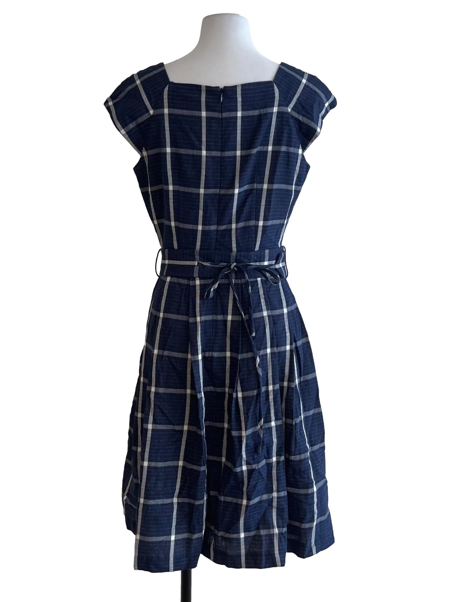 Navy Blue Checkered Empire Dress