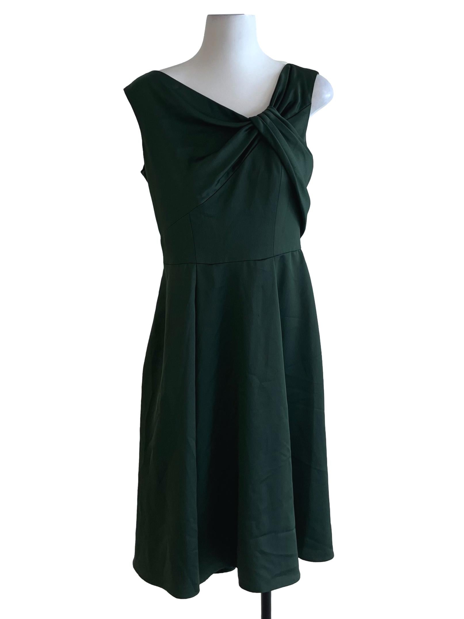 Pine Green Asymmetrical Neckline A-Line Dress
