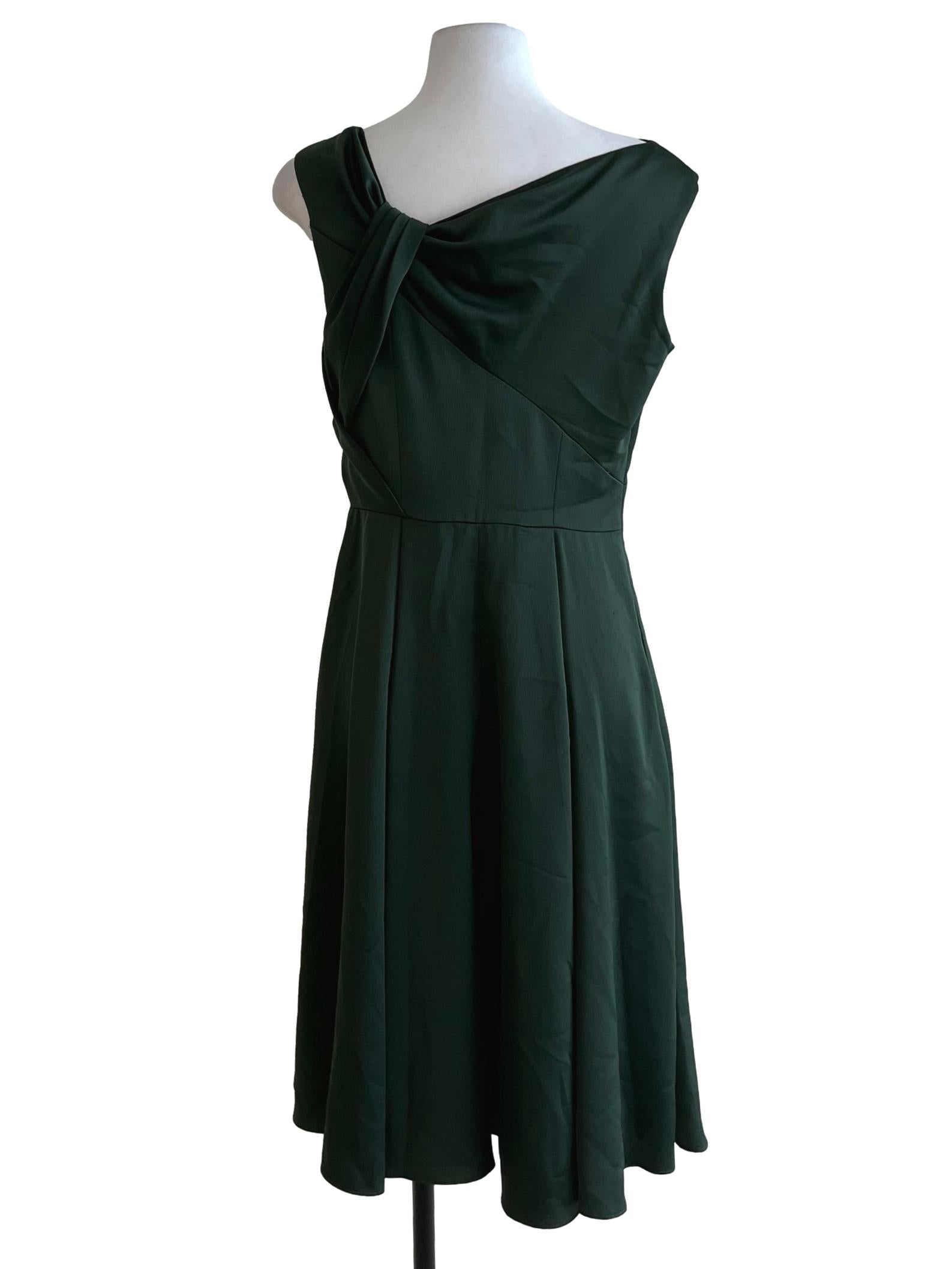 Pine Green Asymmetrical Neckline A-Line Dress