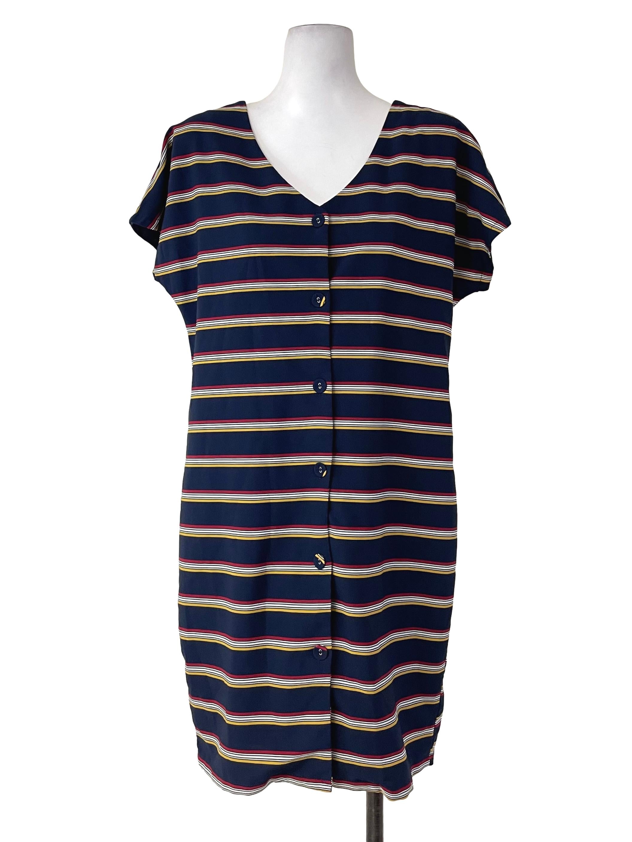 Dark Blue Stripes Button Dress | REFASH
