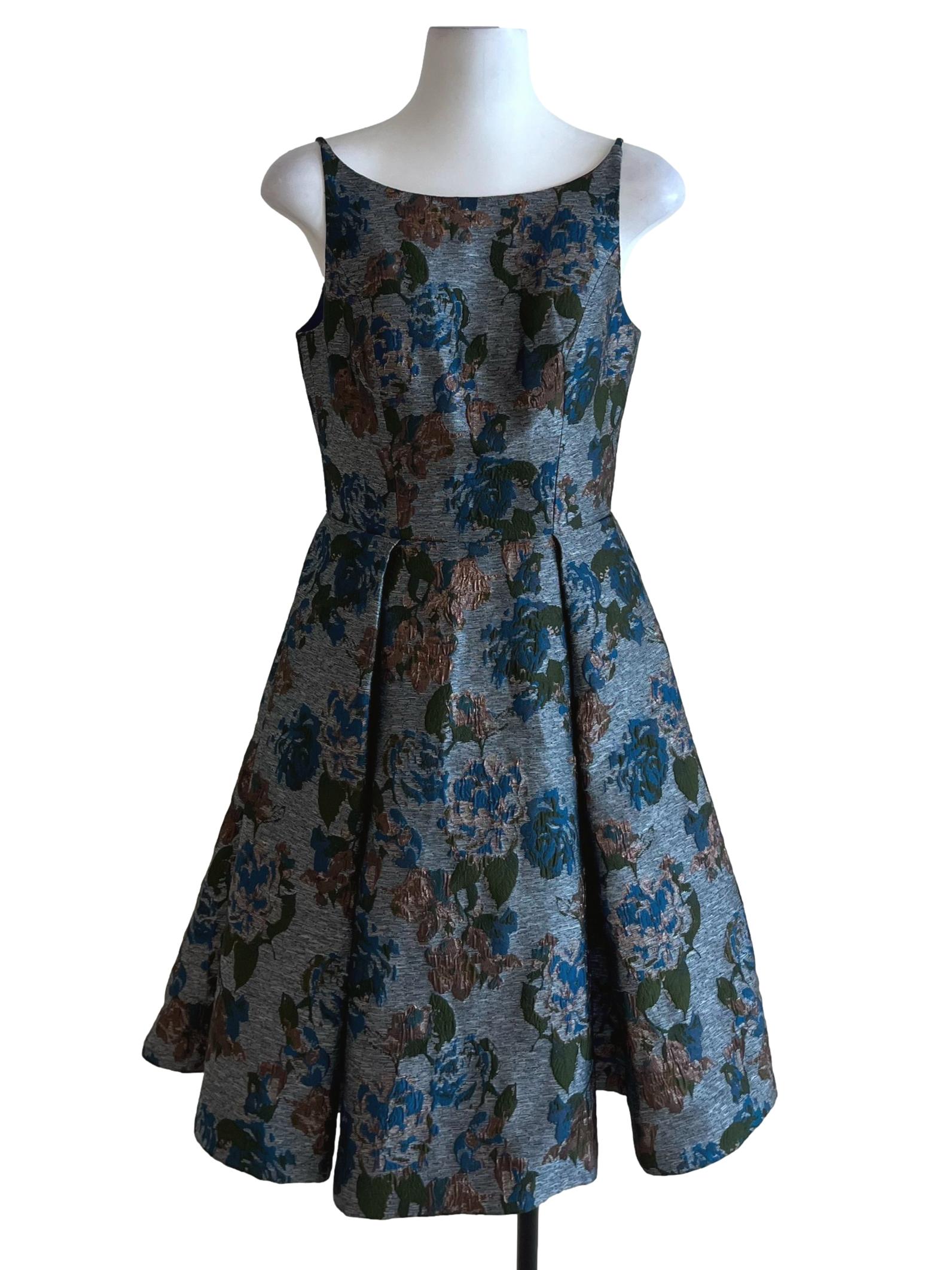 Blue Floral Sabrina Neckline Brocade Dress