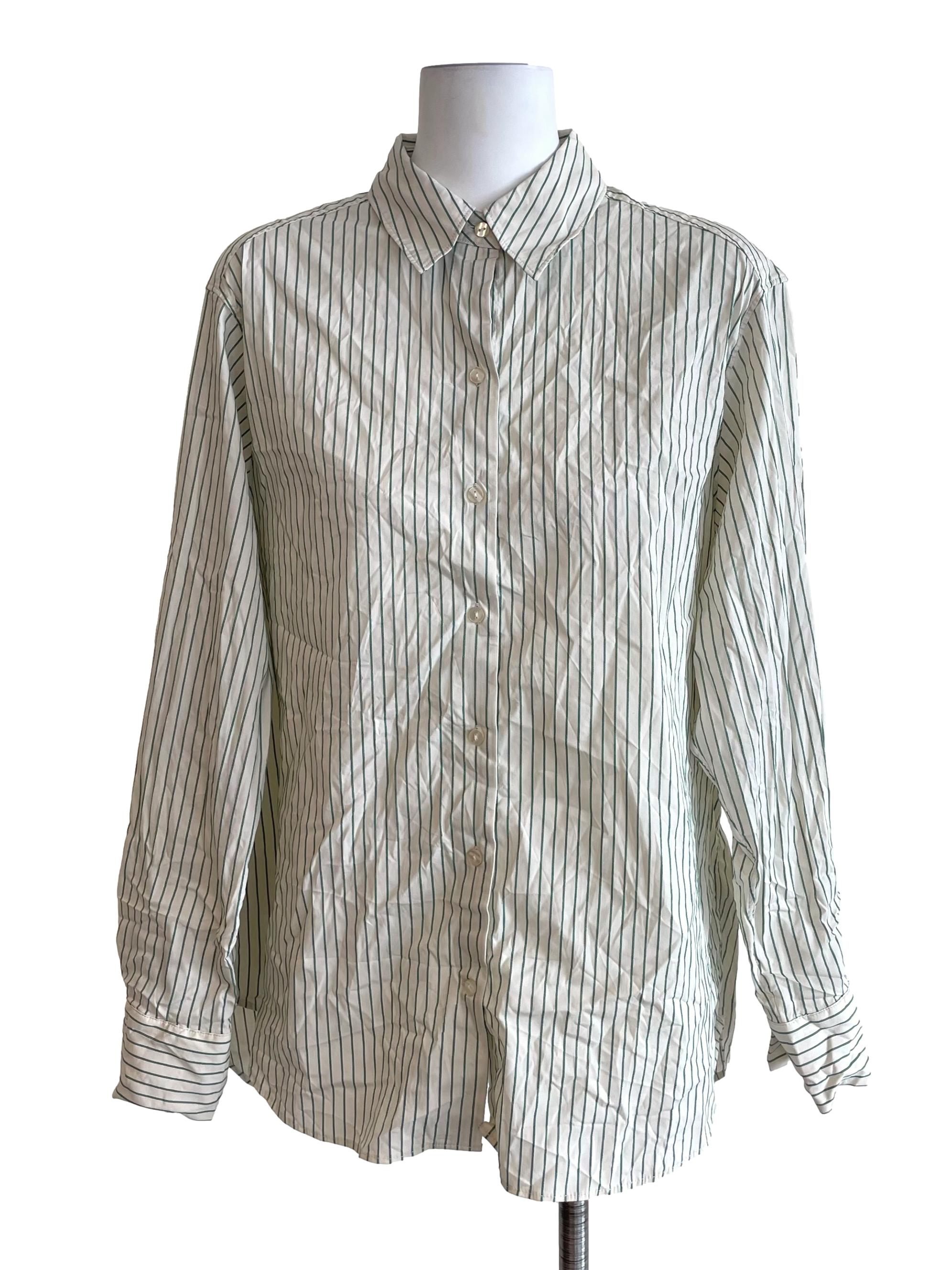 Off White & Green Chalk Stripe Oversized Shirt LB