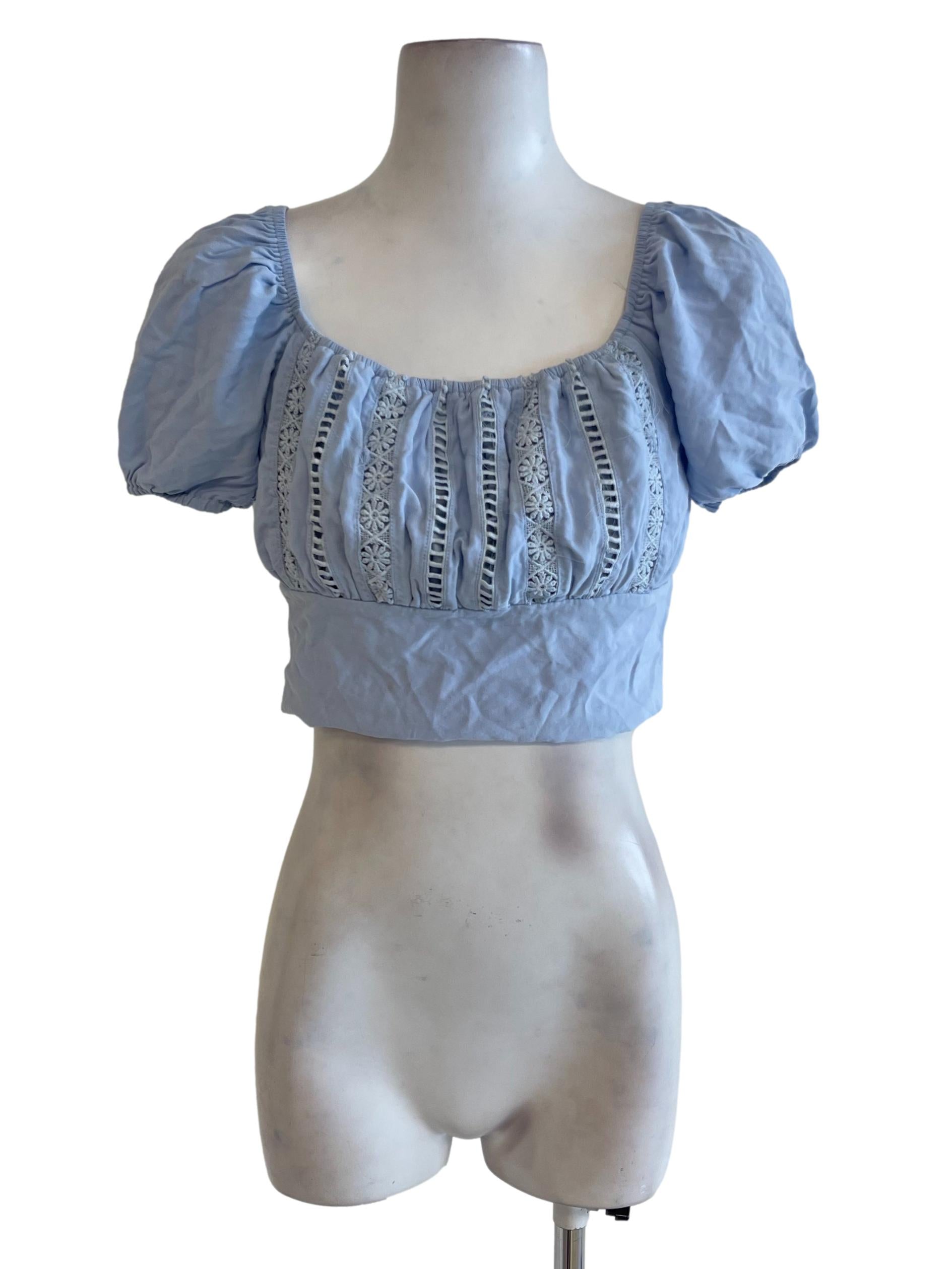Baby Blue Eyelet Crochet Bust Peasant Top
