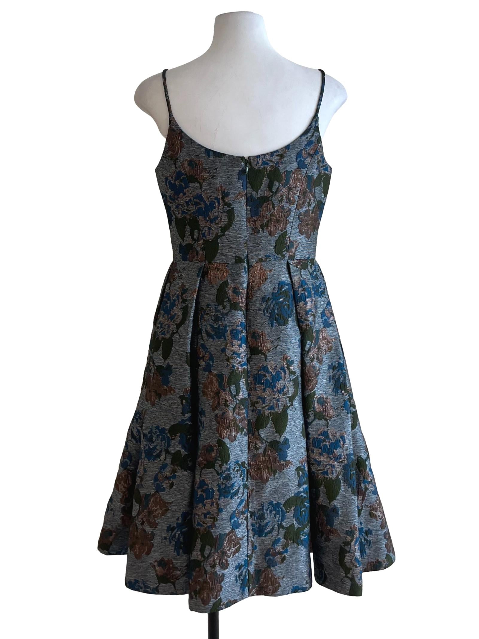 Blue Floral Sabrina Neckline Brocade Dress