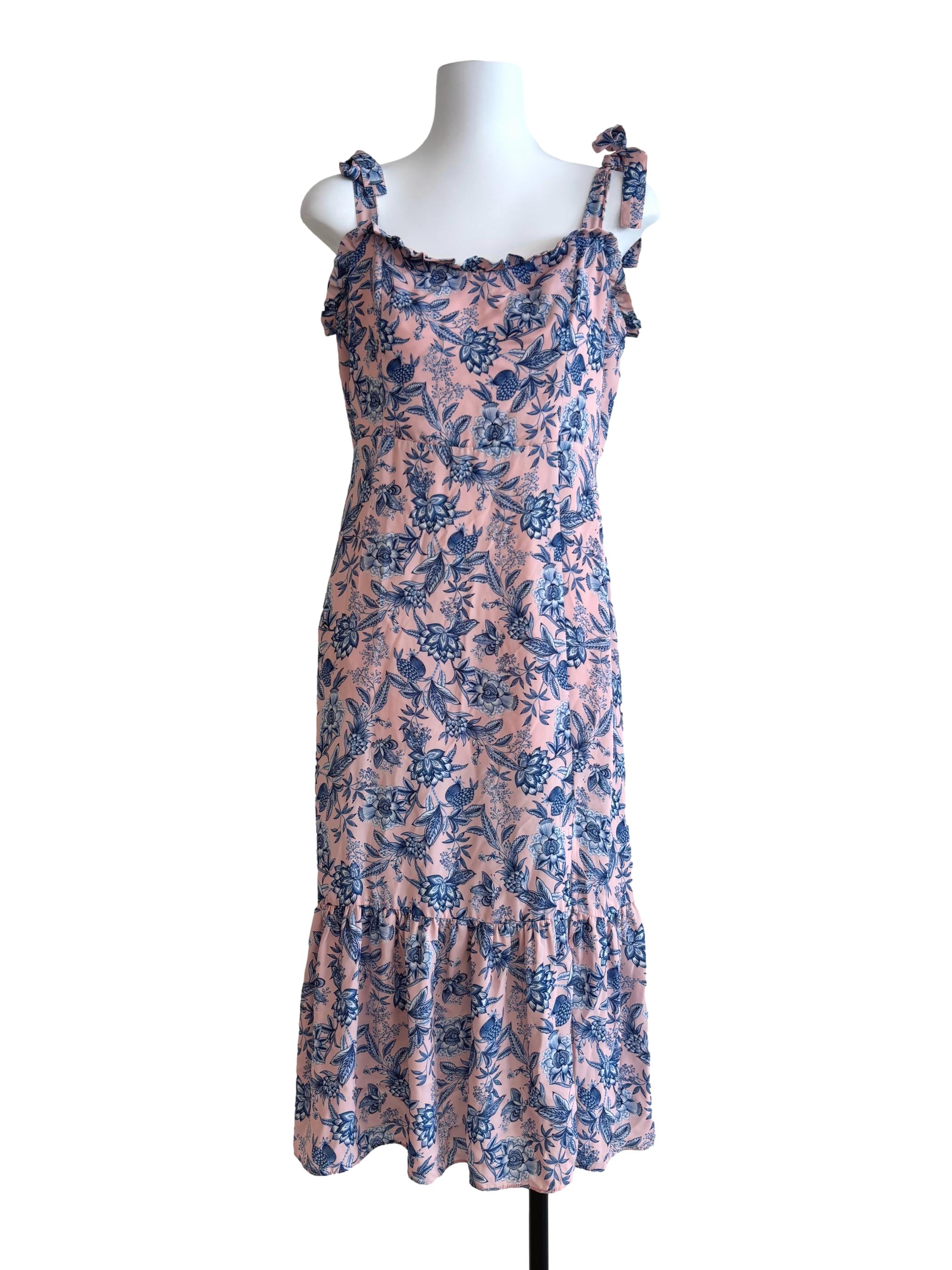Peach Floral Blue Drop Waist Dress