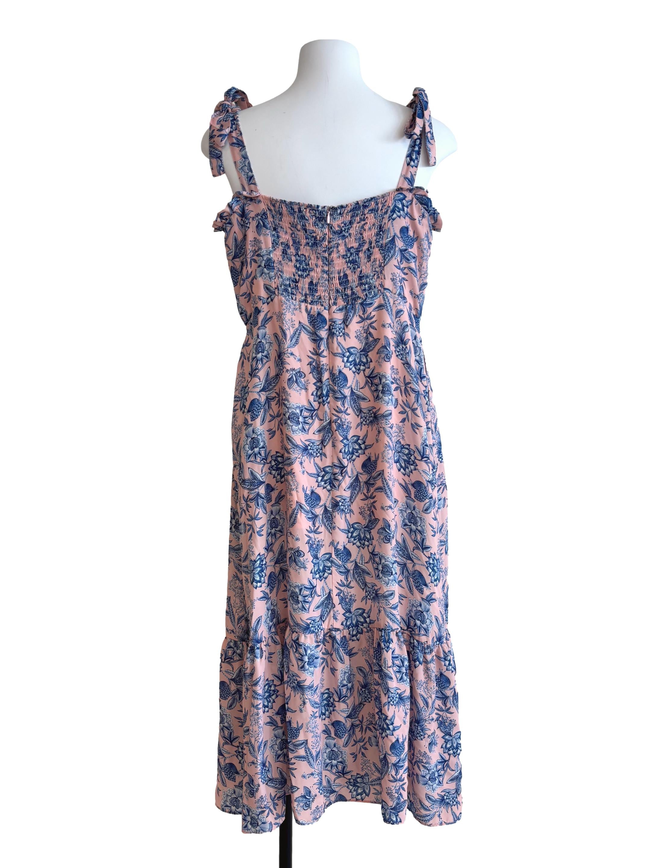 Peach Floral Blue Drop Waist Dress