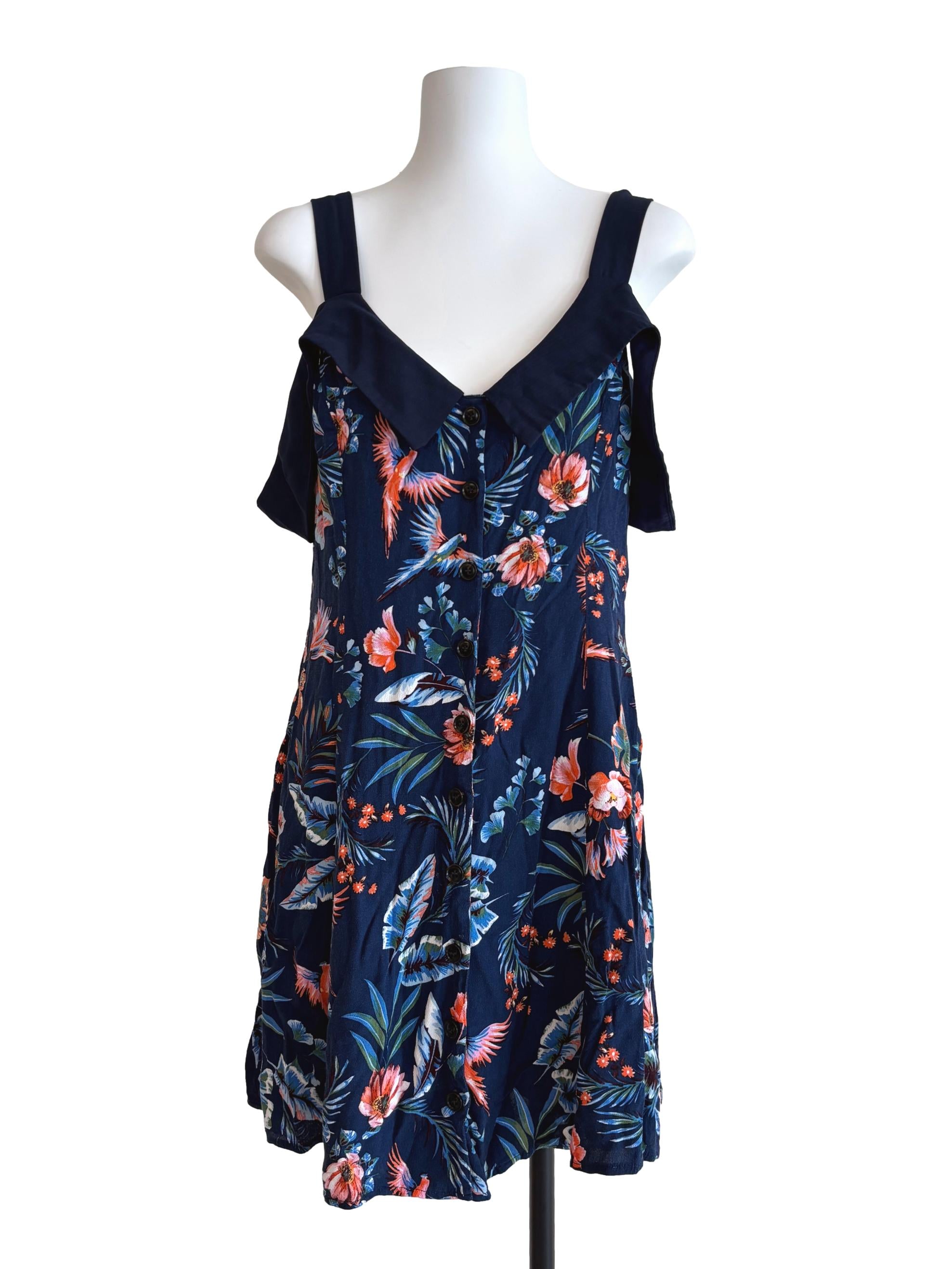 Navy Floral Buttoned Dress