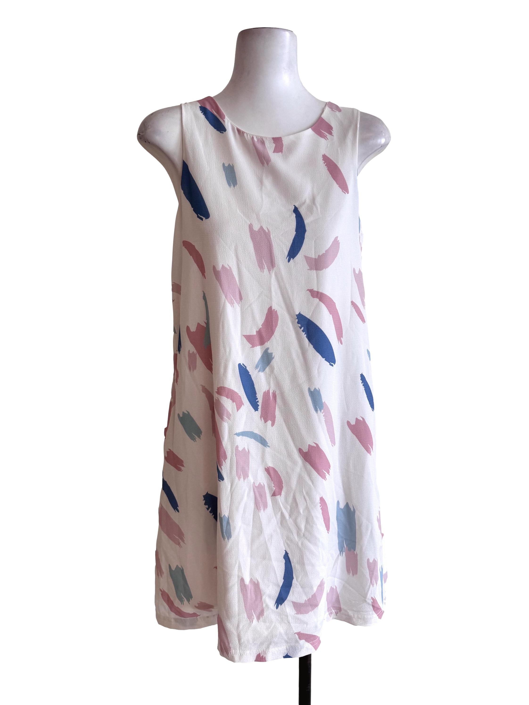 White With Blue/Pink Abstract Prints Sleeveless A-Line Abstract Dress