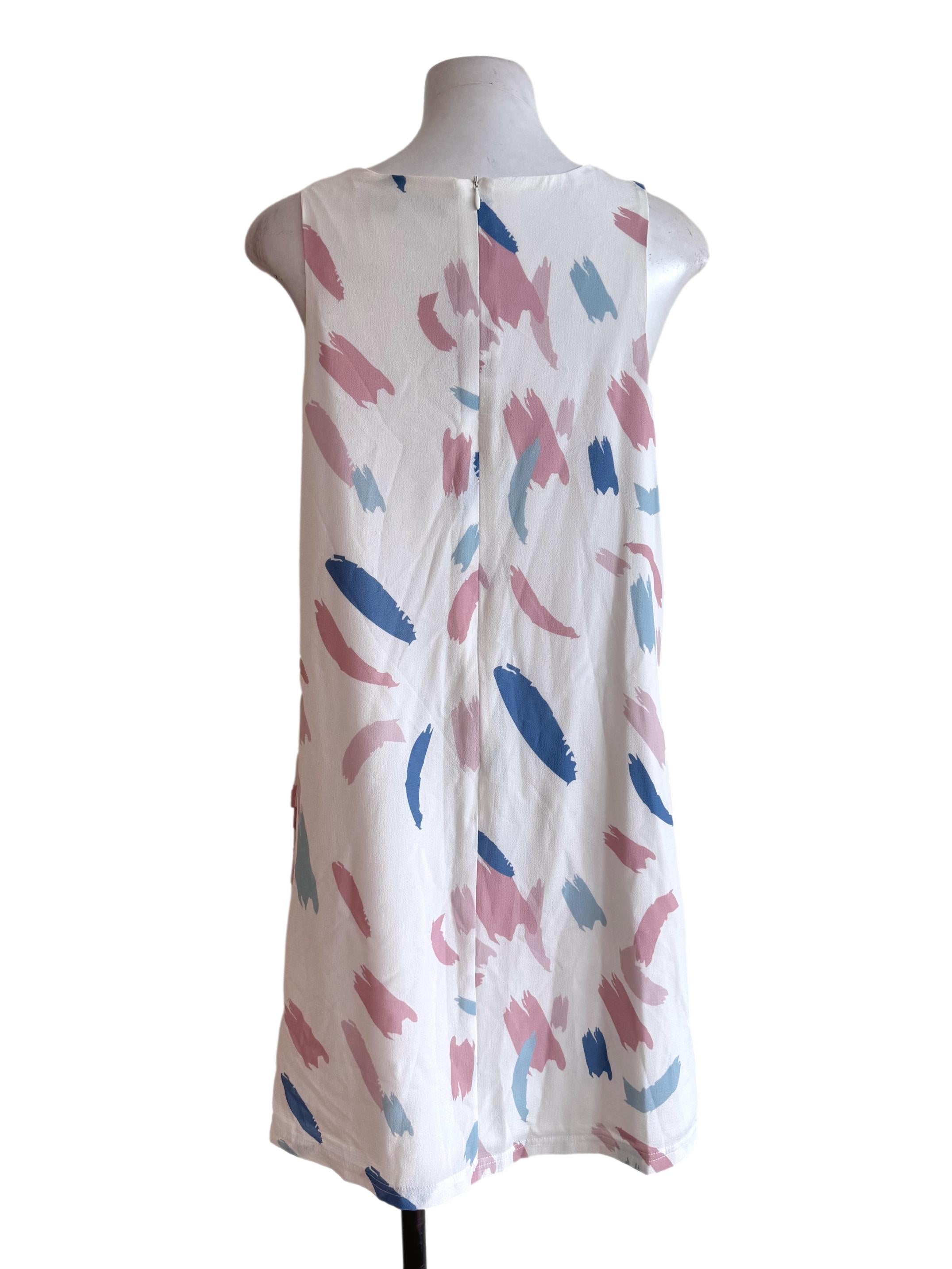 White With Blue/Pink Abstract Prints Sleeveless A-Line Abstract Dress
