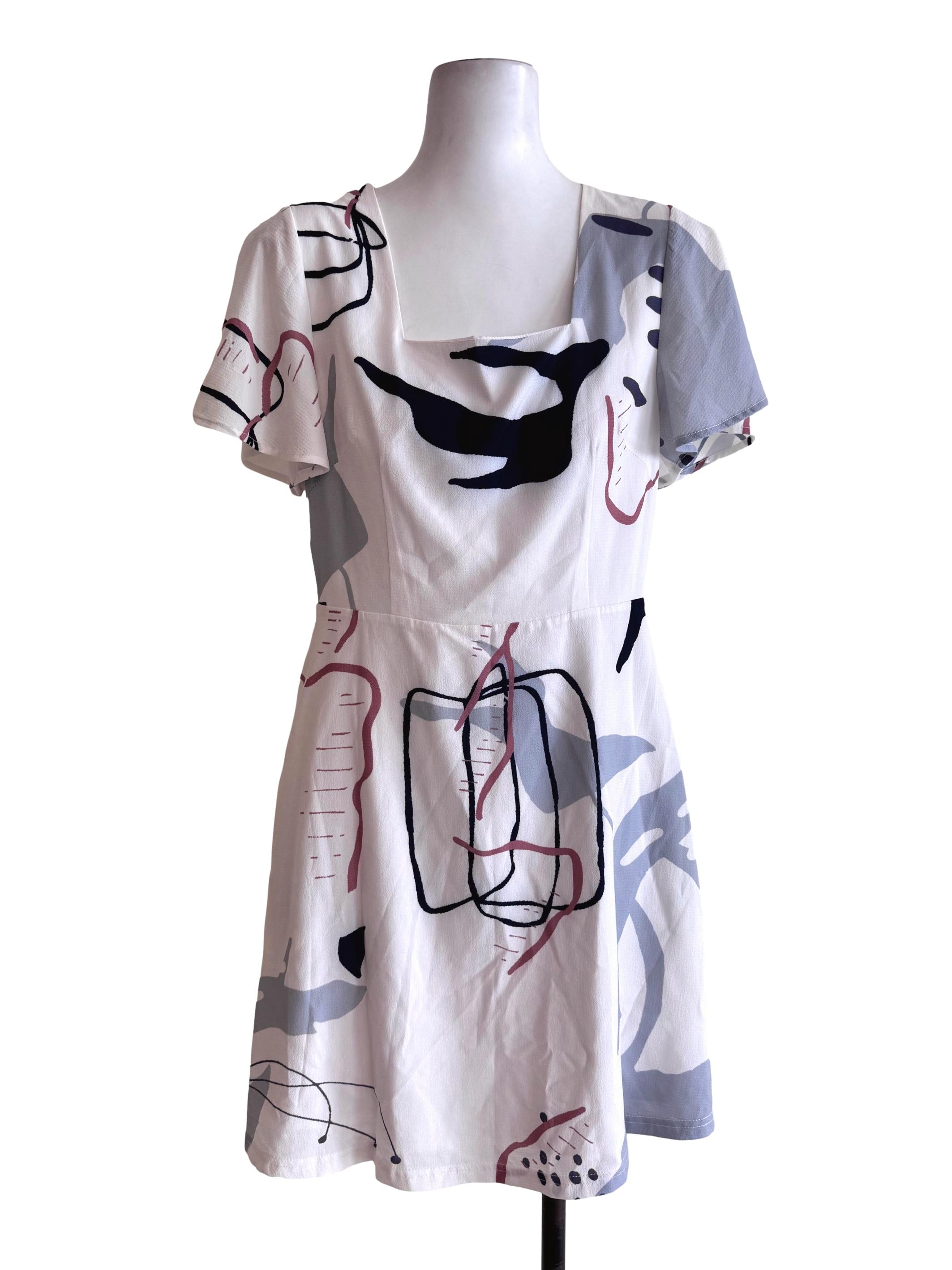 White With Abstract Print Short Sleeve Square Neck  Dress