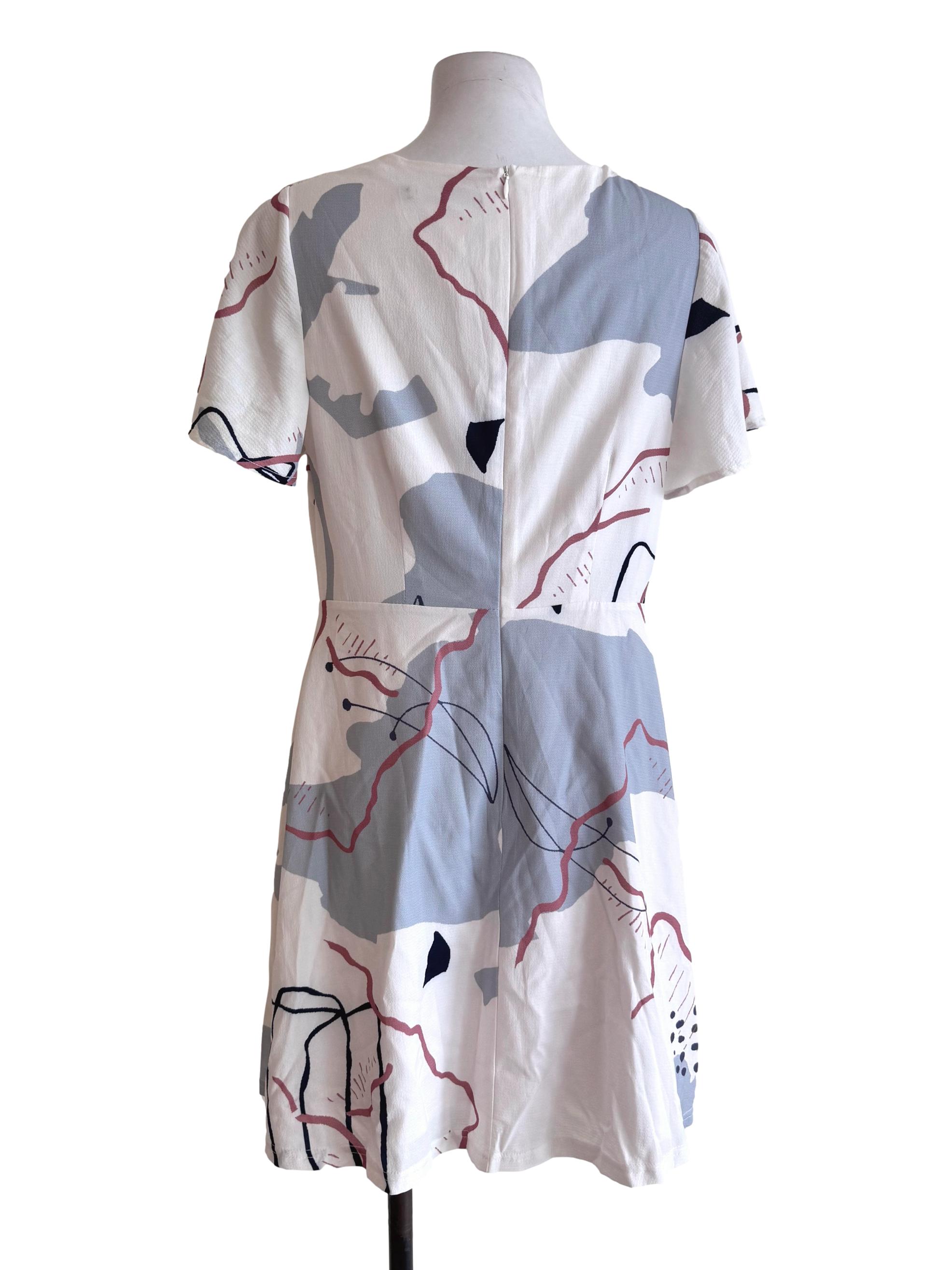 White With Abstract Print Short Sleeve Square Neck  Dress