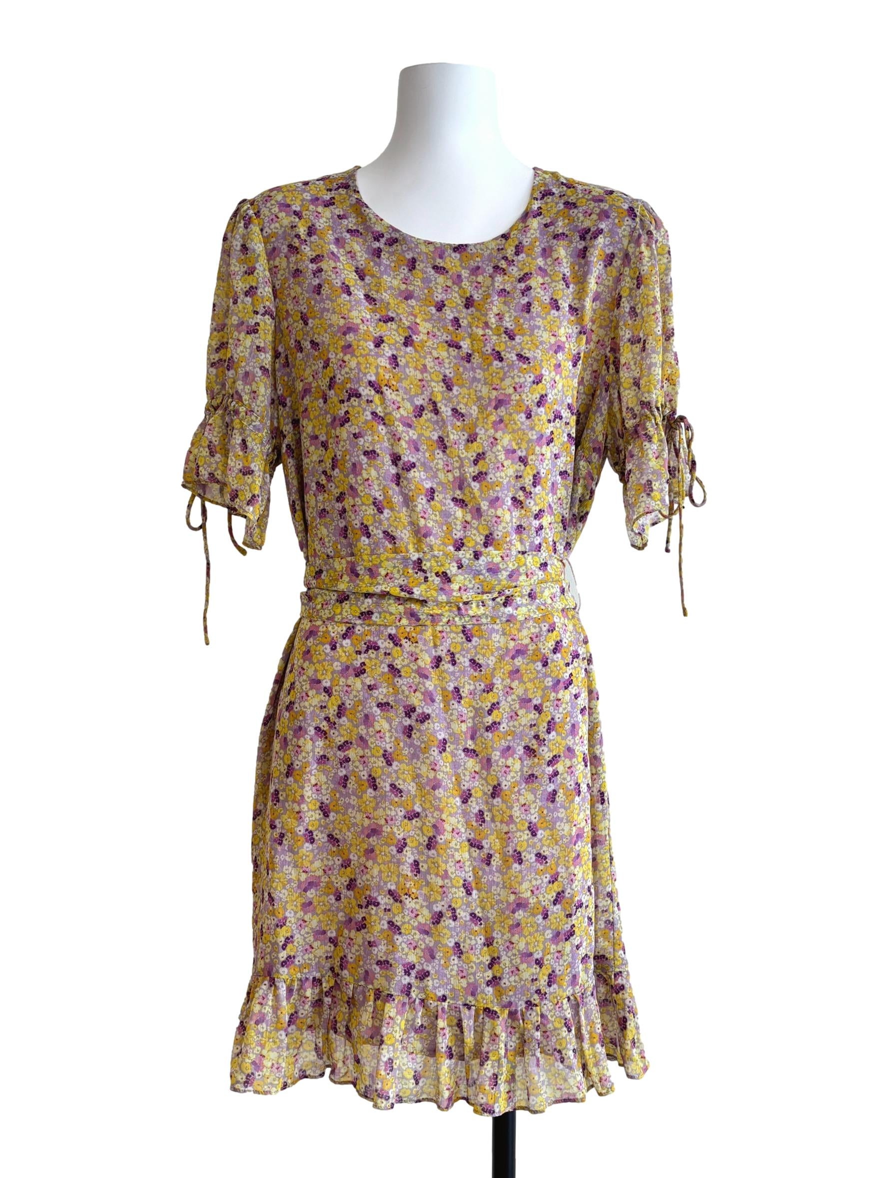 Daffodil Yellow Floral Mini Ruffle Dress