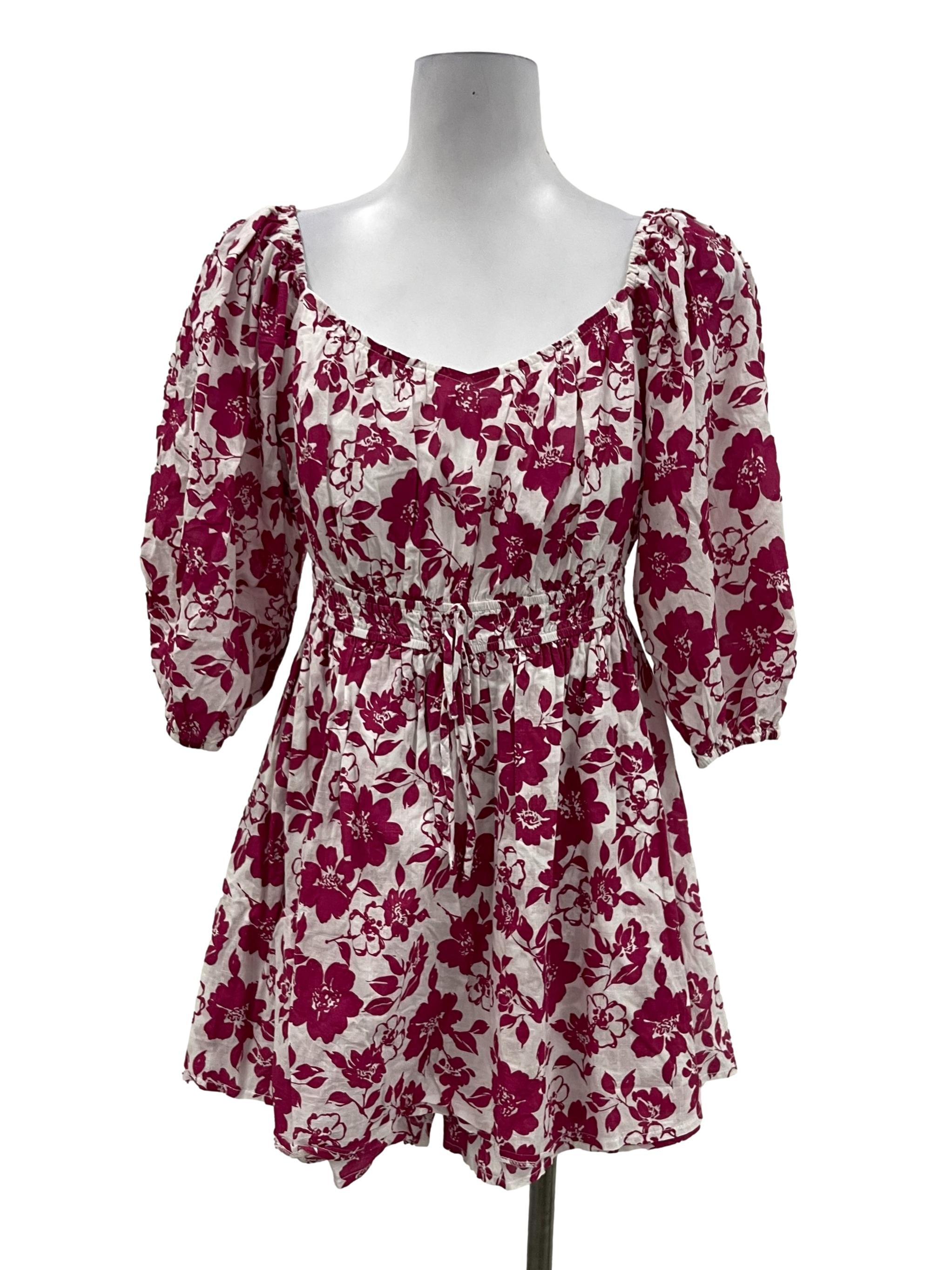 Hervelvetvase White V-Neck Mini Dress With Pink Flowers