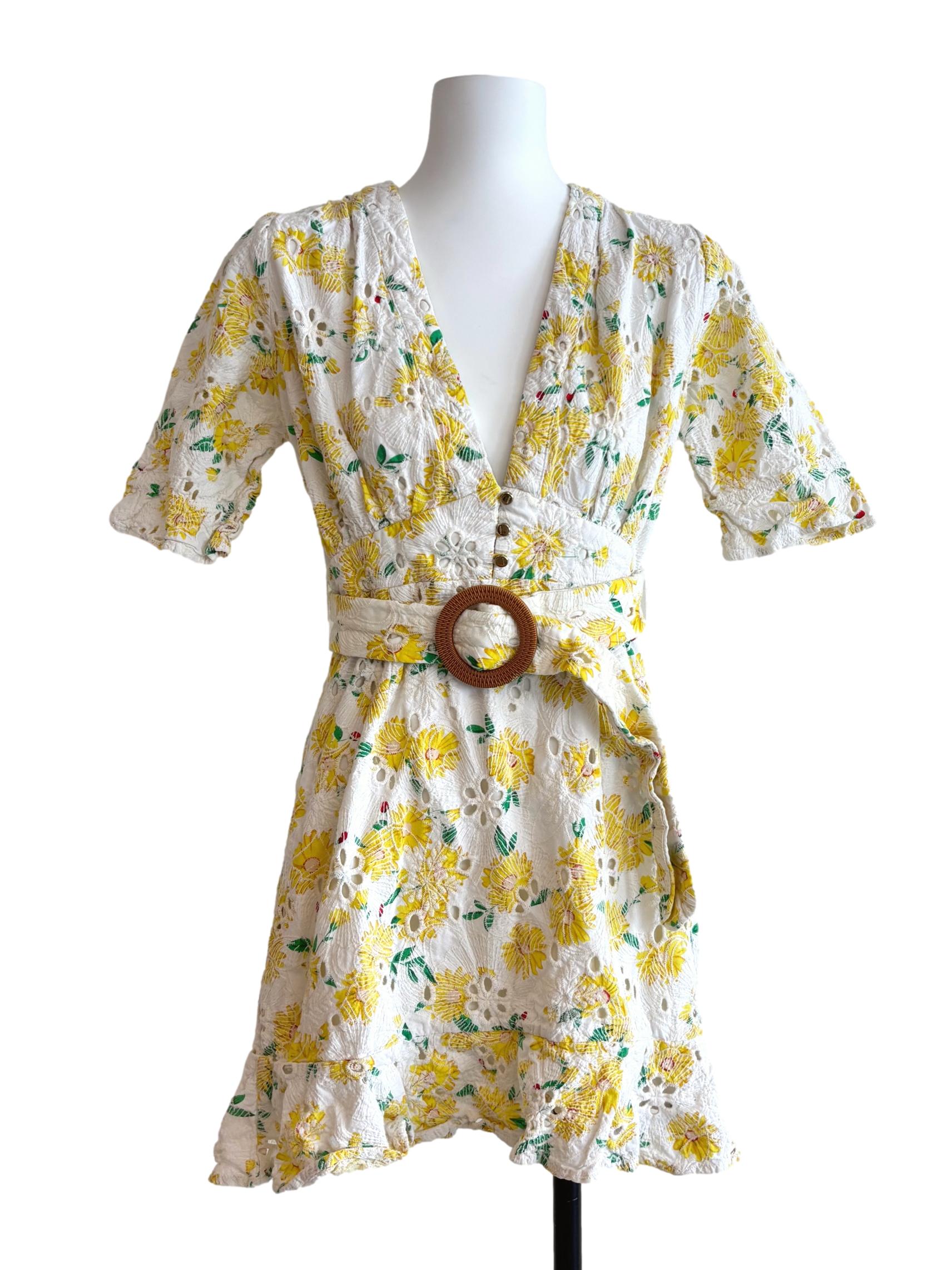 Powder White Yellow Mini Eyelet Dress