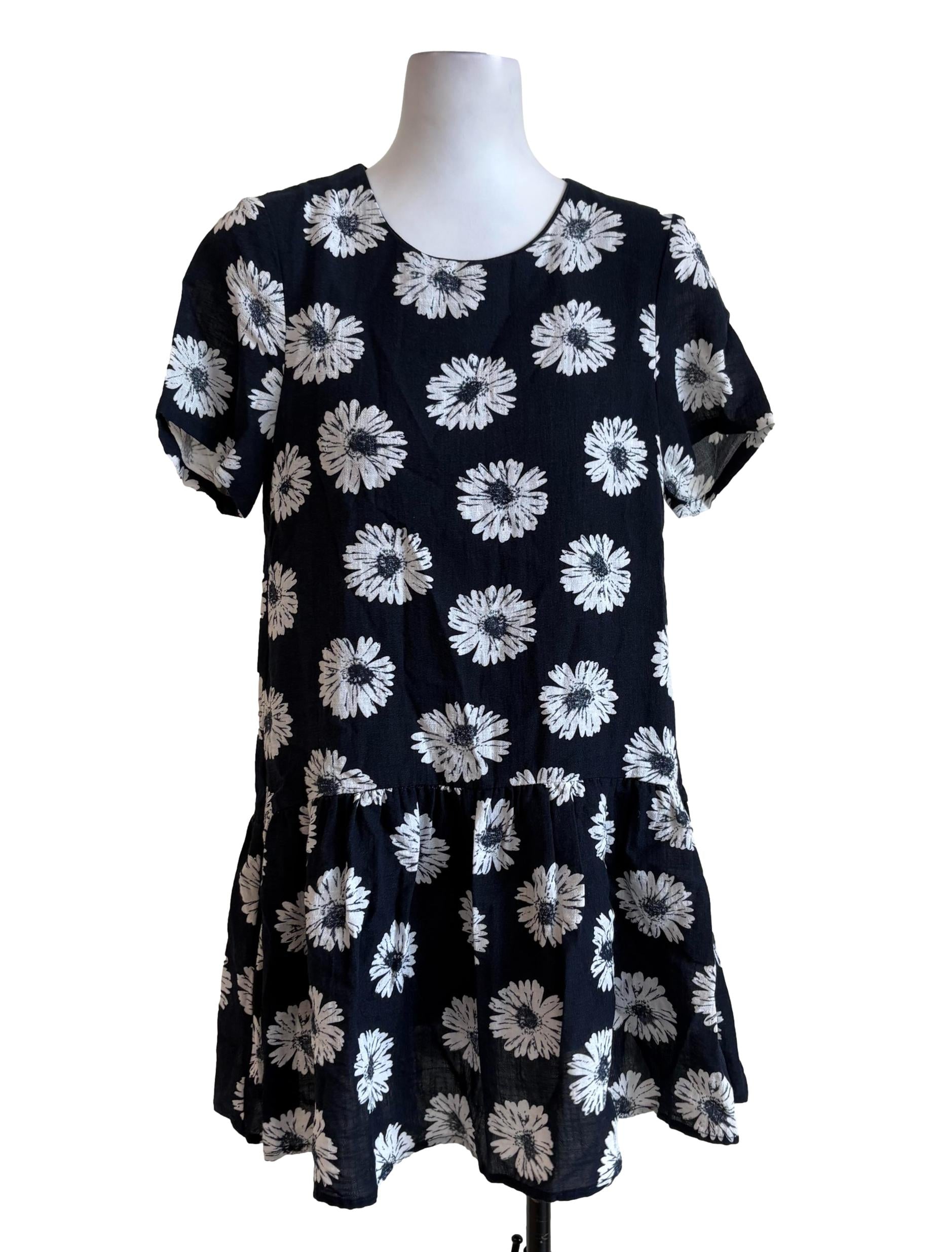 Denim Blue Daisy Print Ruffle Dress