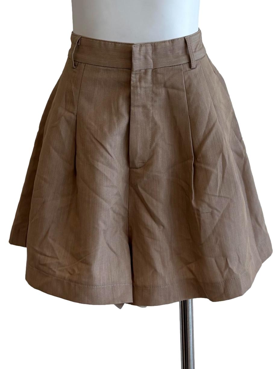 Buff Brown Pleated Cotton Shorts