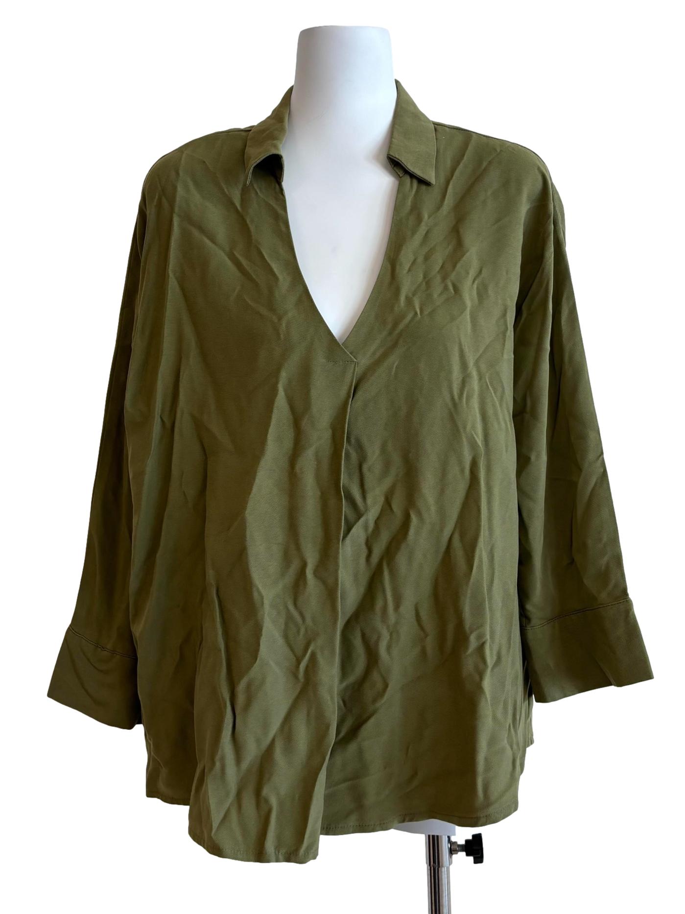 Olive Green Low Neck Long Sleeve Blouse
