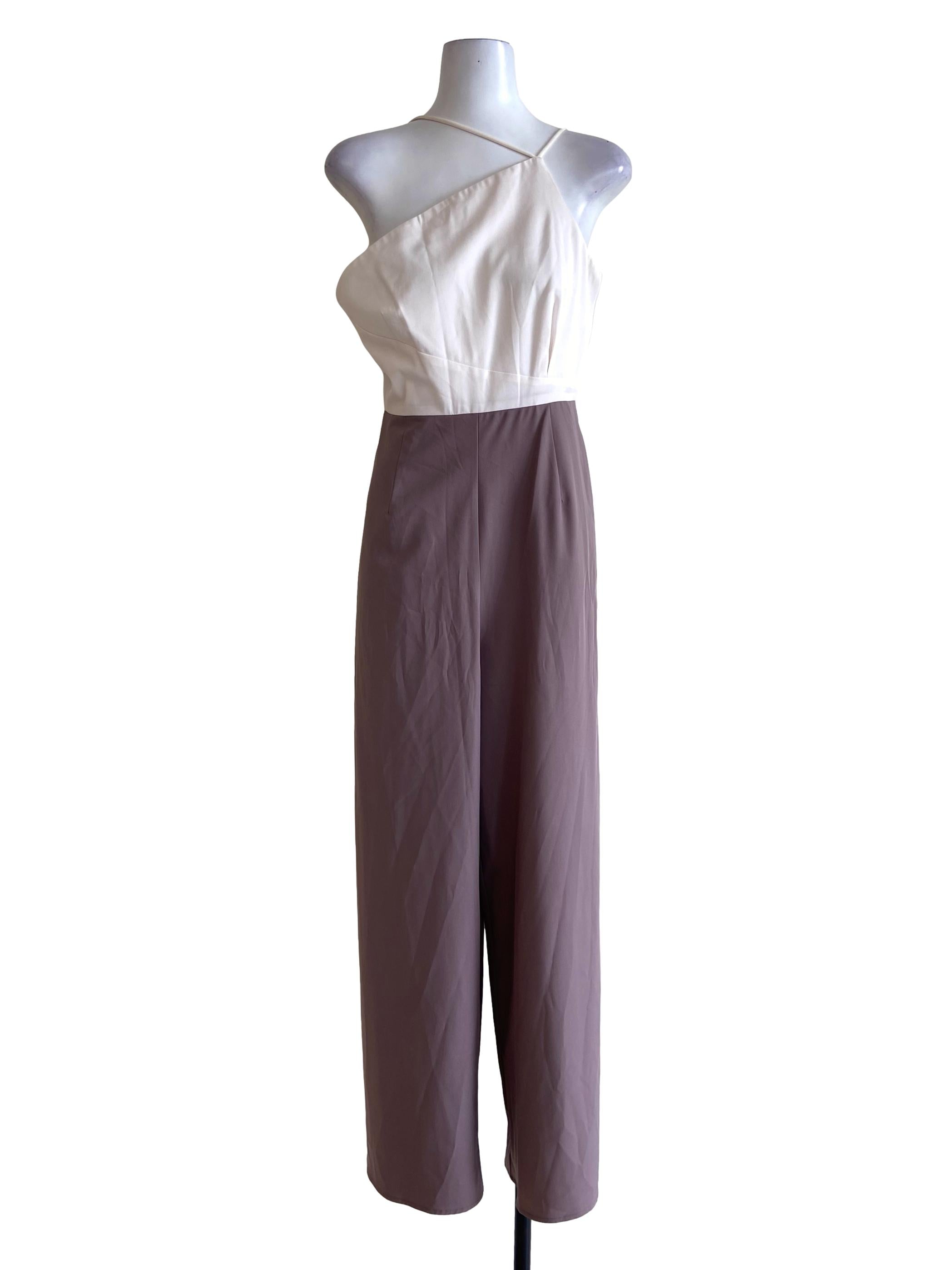 White & Sepia One Shoulder Twill Jumpsuit