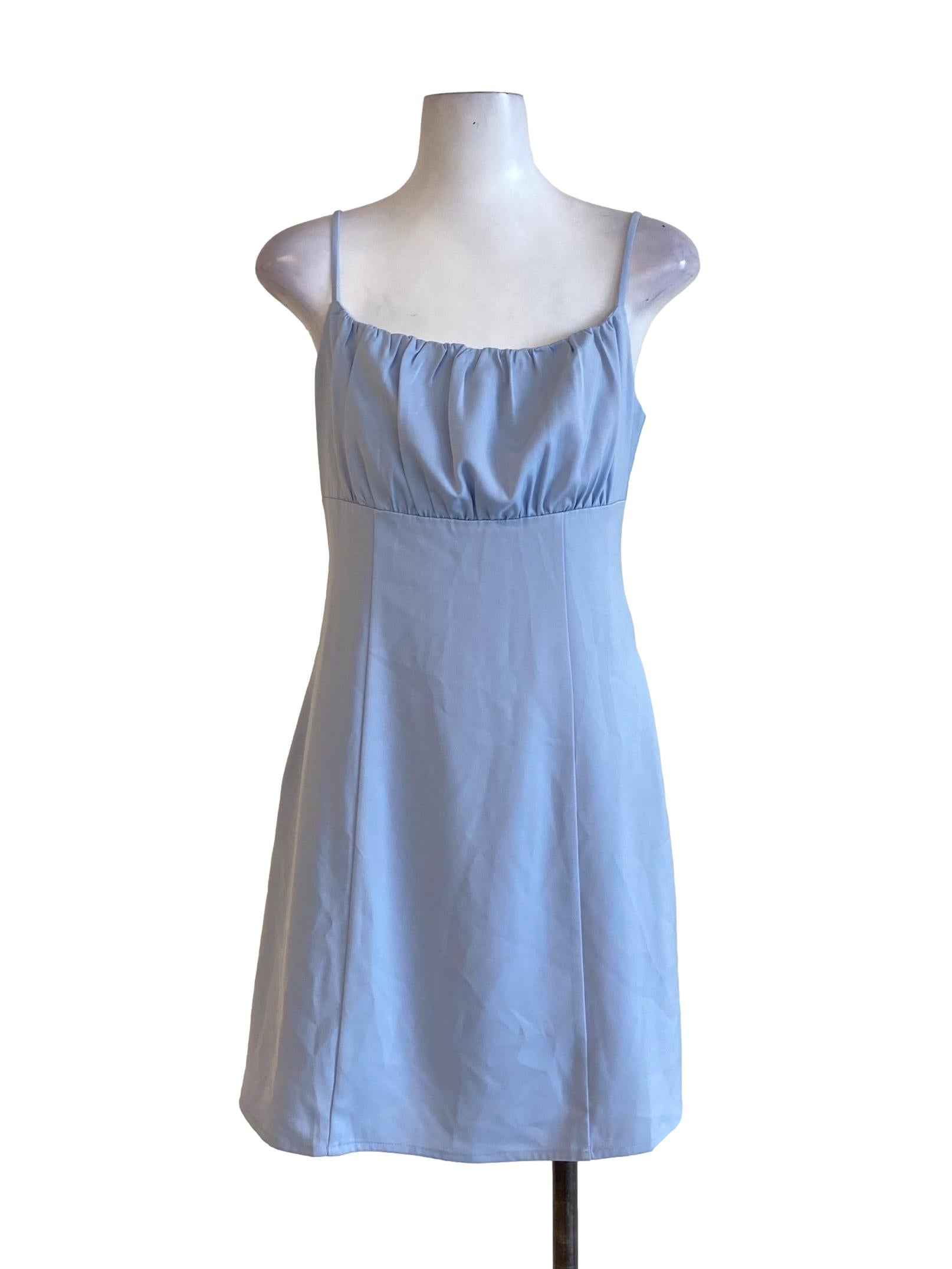 Sky Blue Spaghetti Strap Puffed Bust A-Line Dress