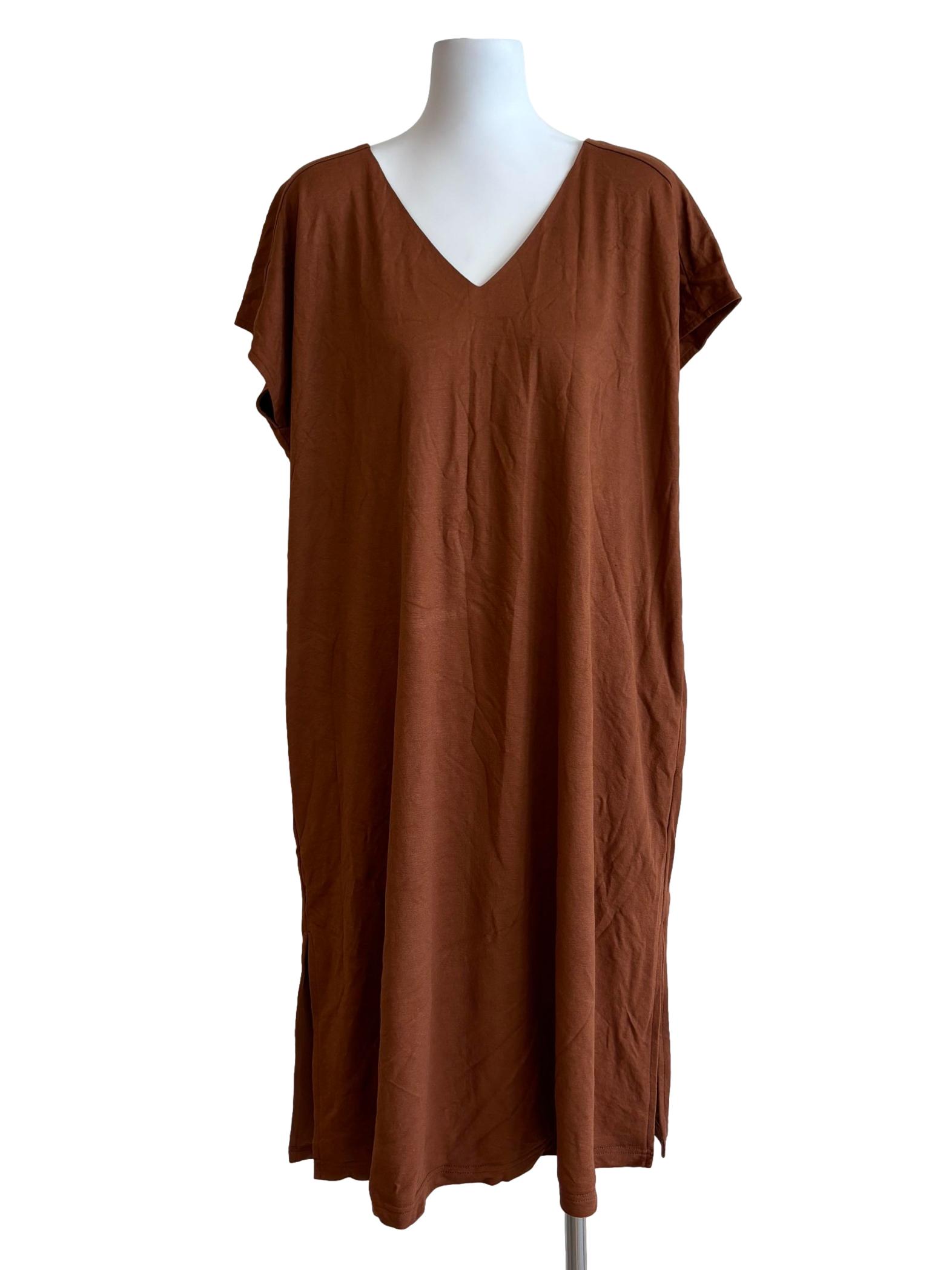 Rust Brown V-Neck Straight Oversize Dress