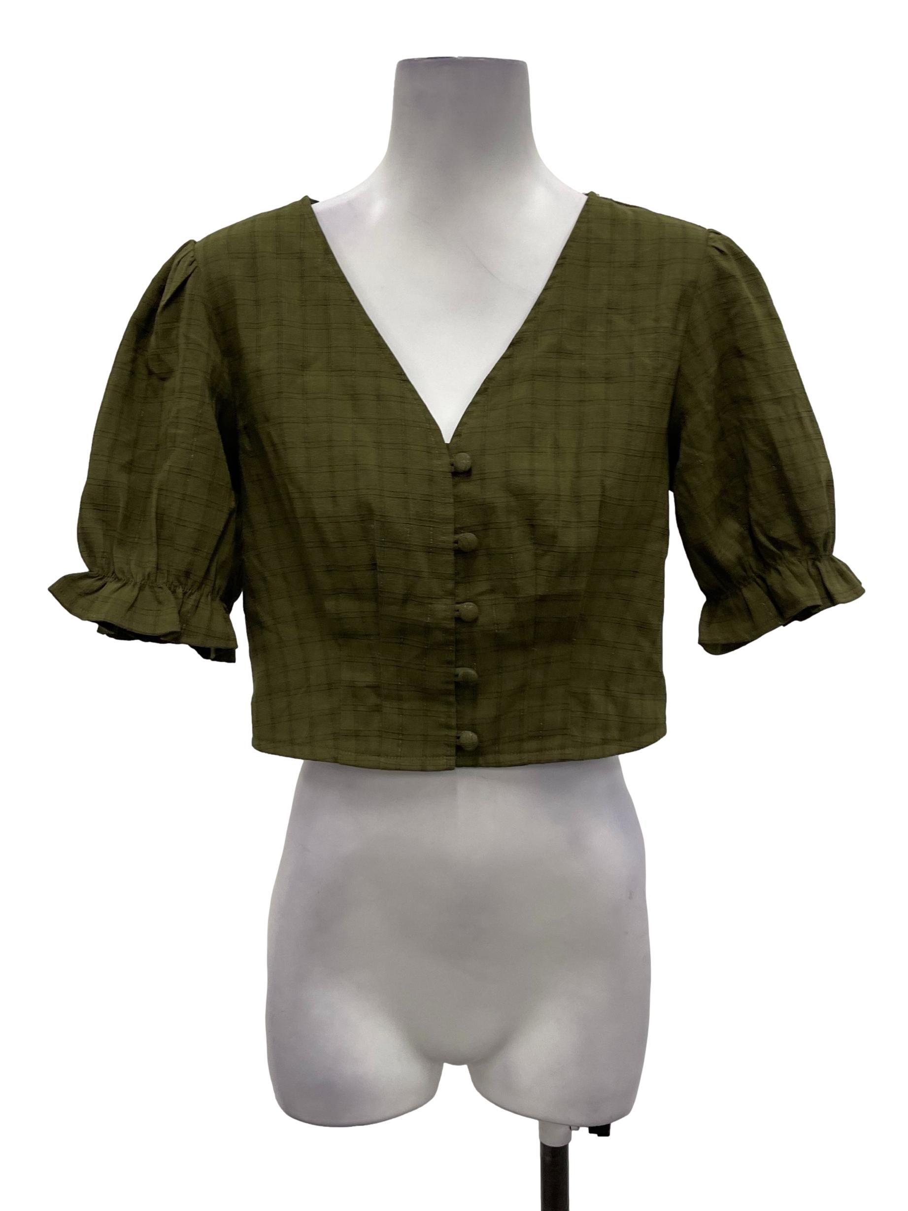 Hervelvetvase Olive Green V-Neck Button Down Blouse