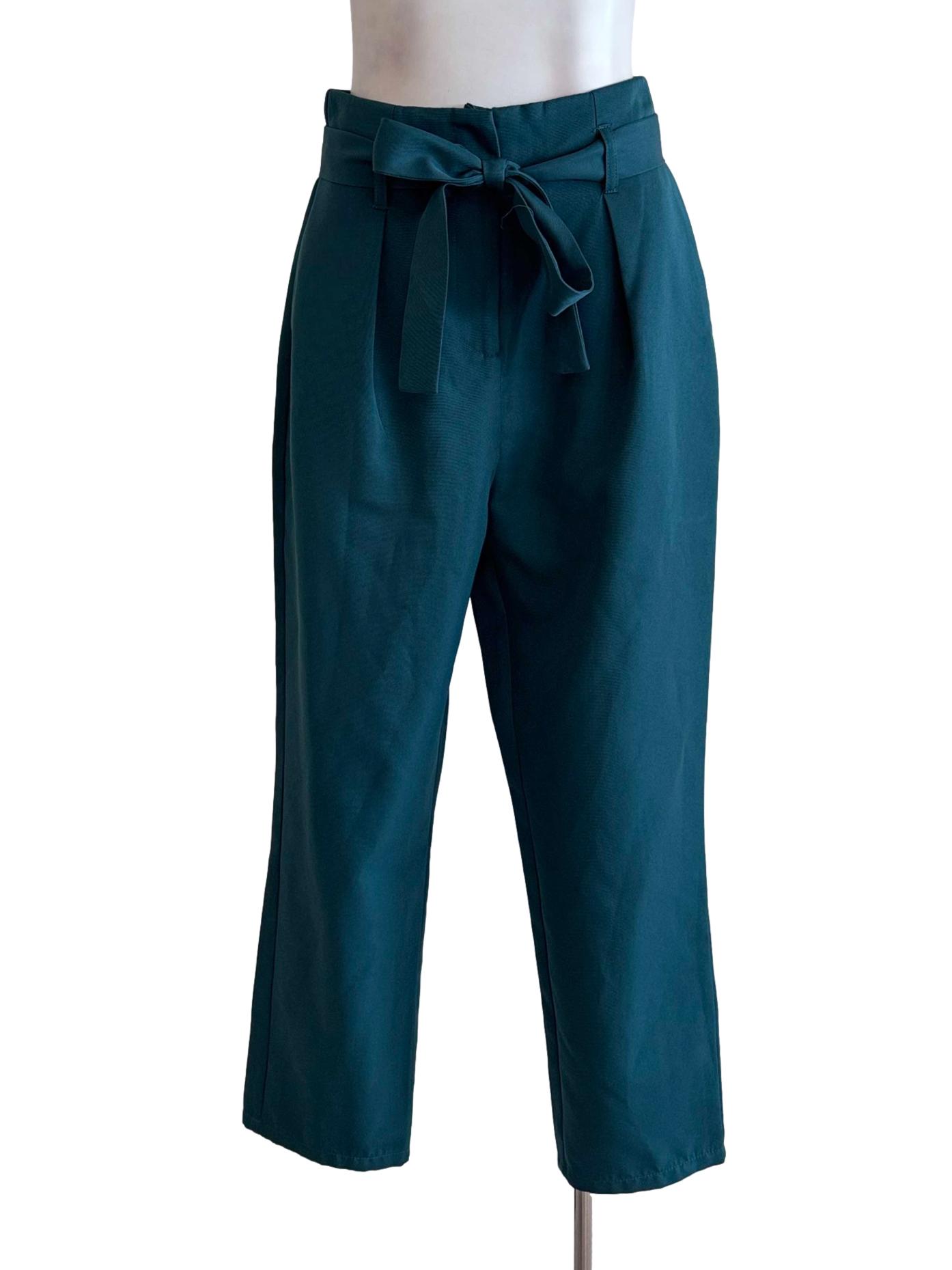 Teal Green Tie-Waist Straight Cut Pants