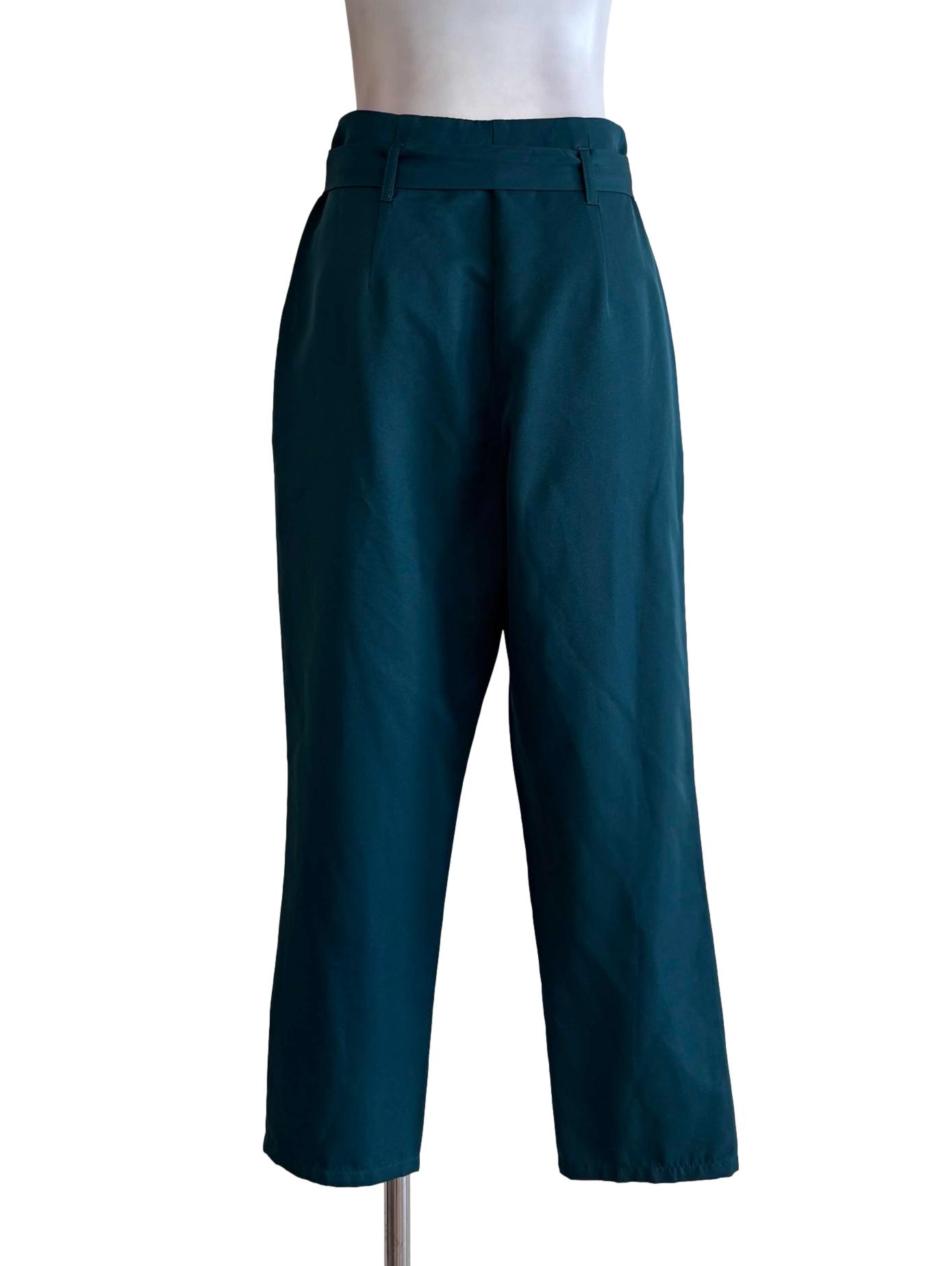 Teal Green Tie-Waist Straight Cut Pants