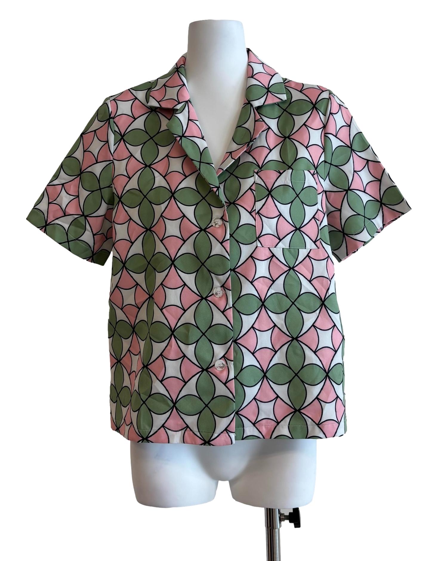 Green Pink Patterned Short Sleeve Blouse