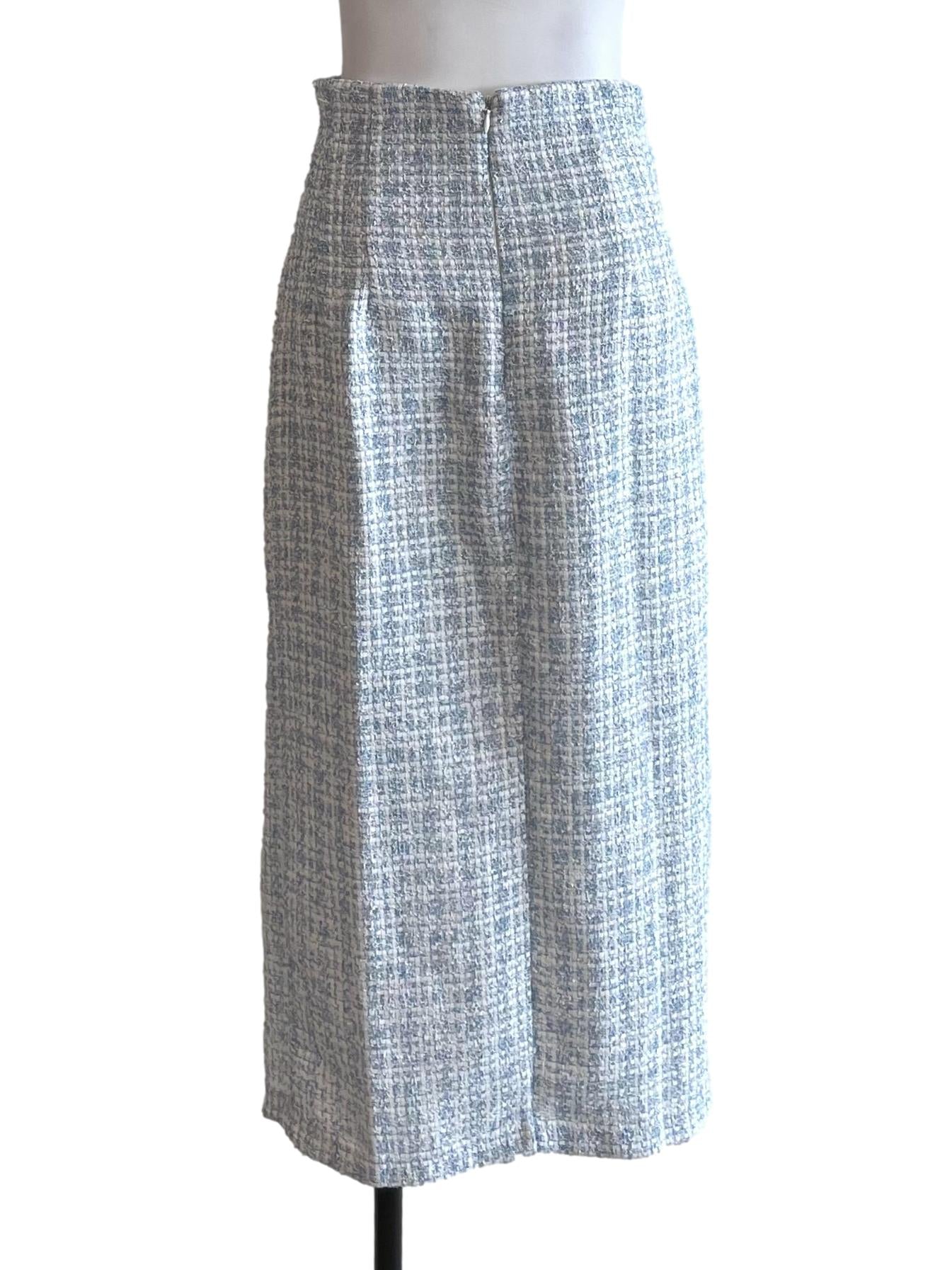 Light Blue Tweed High Waist Slit Skirt