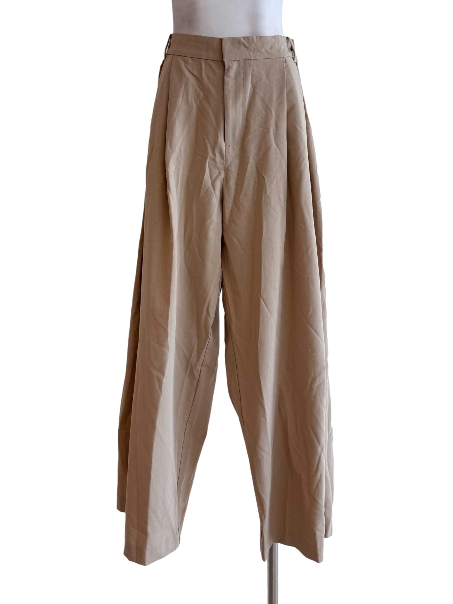 Beige Pleated Wide-Leg Pants