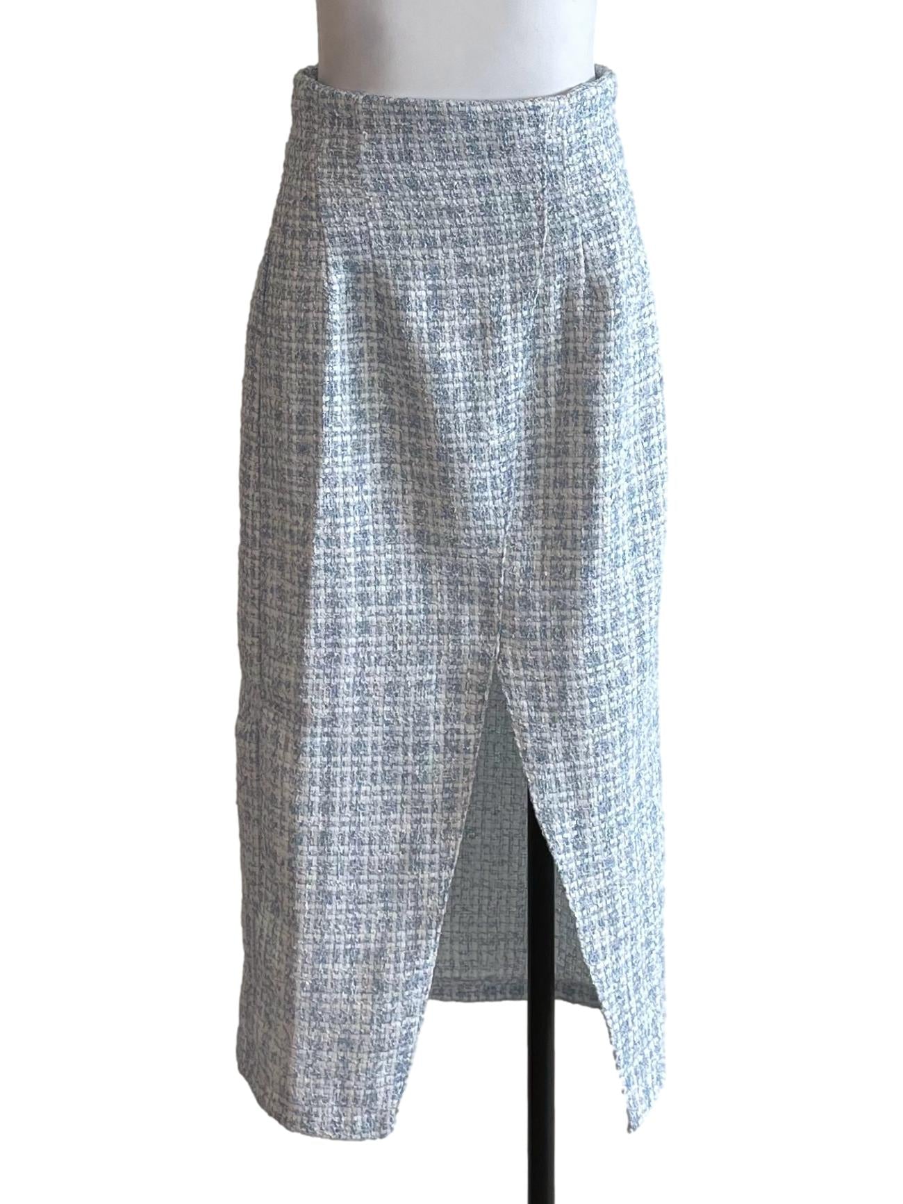 Light Blue Tweed High Waist Slit Skirt