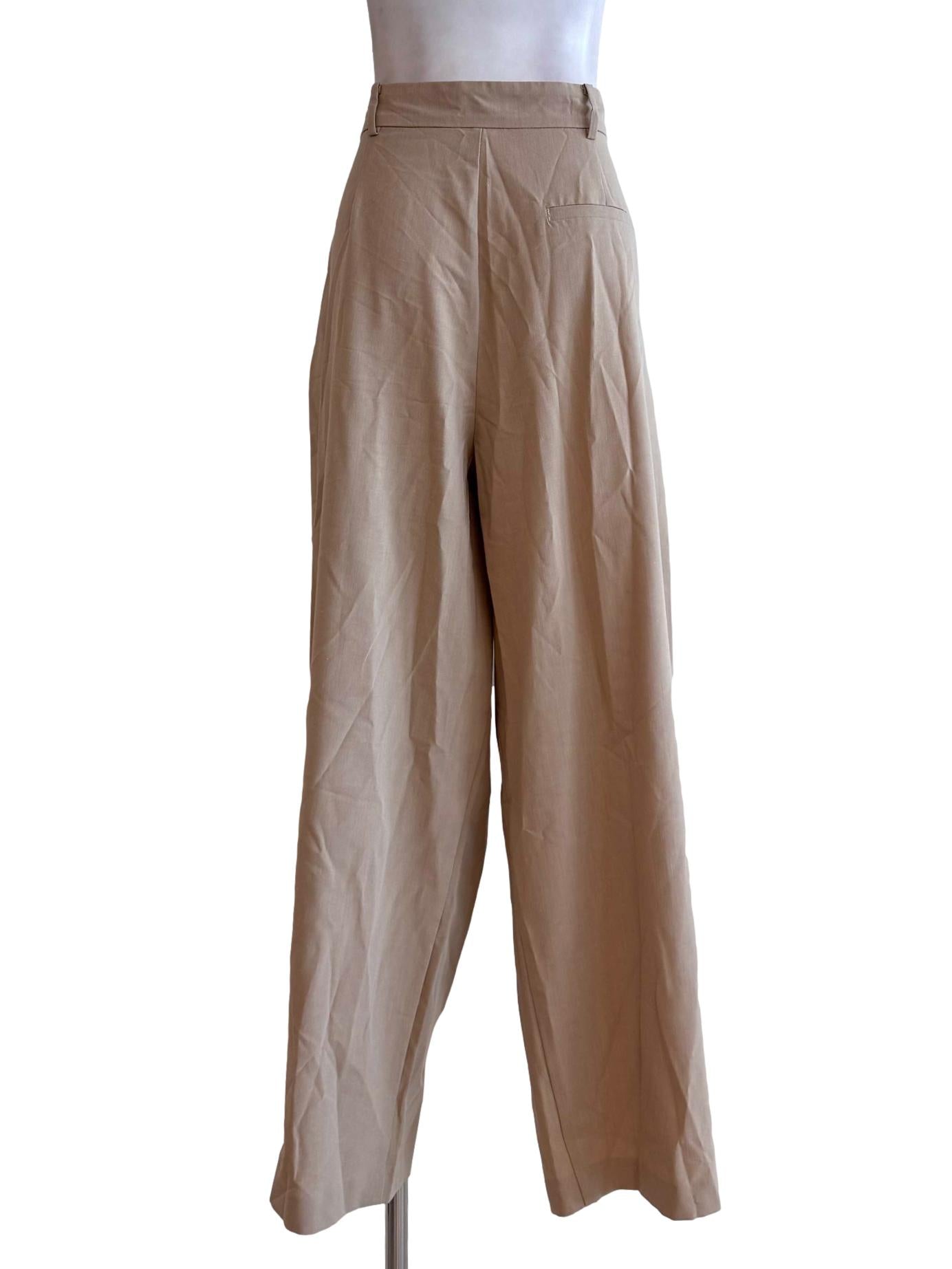 Beige Pleated Wide-Leg Pants