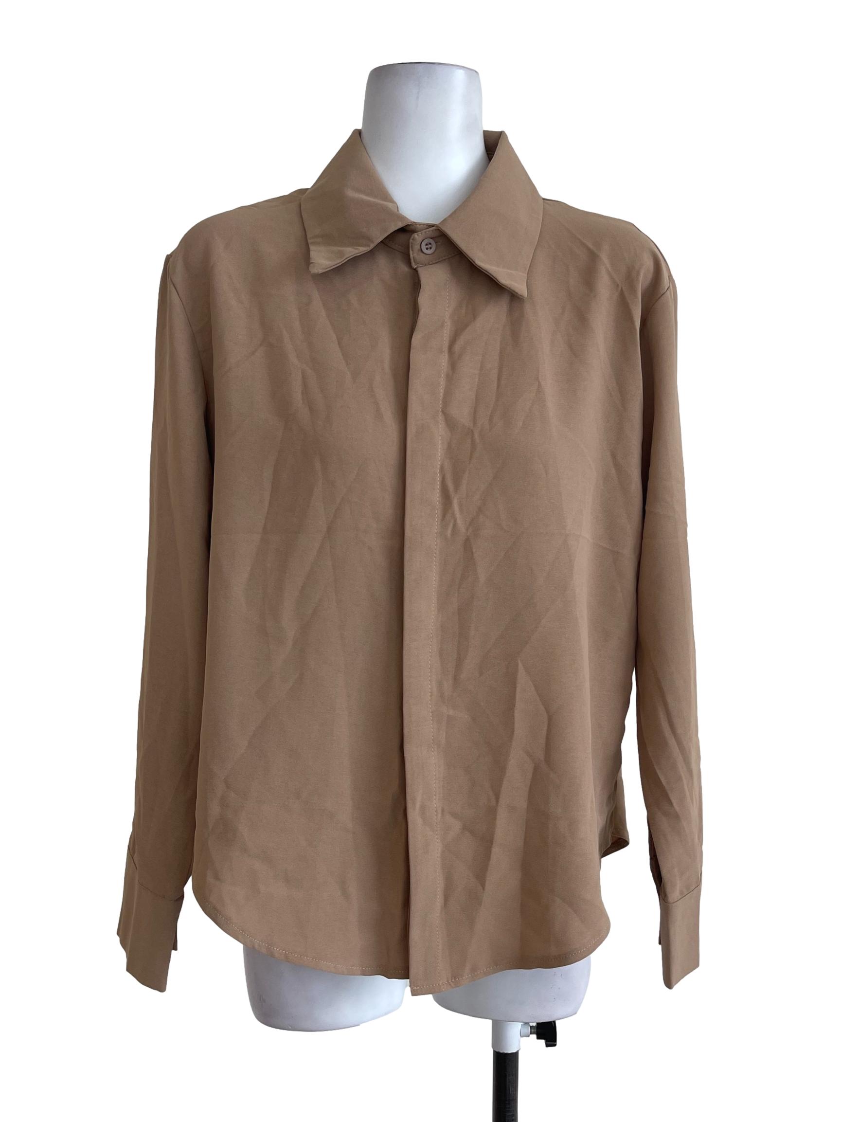 Khaki Plain Collared Top | REFASH