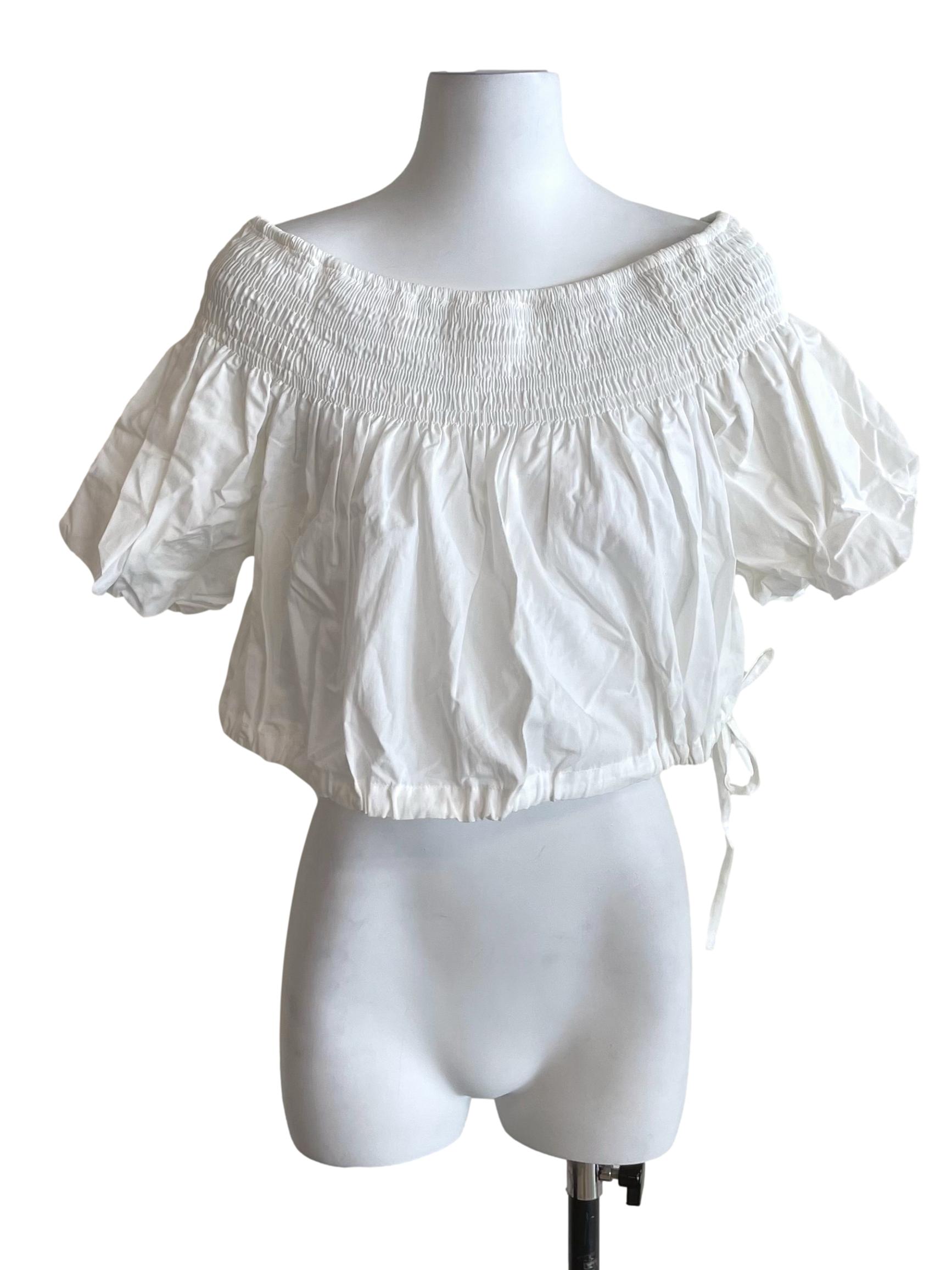White Off Shoulder Shirred Puffy Crop Top