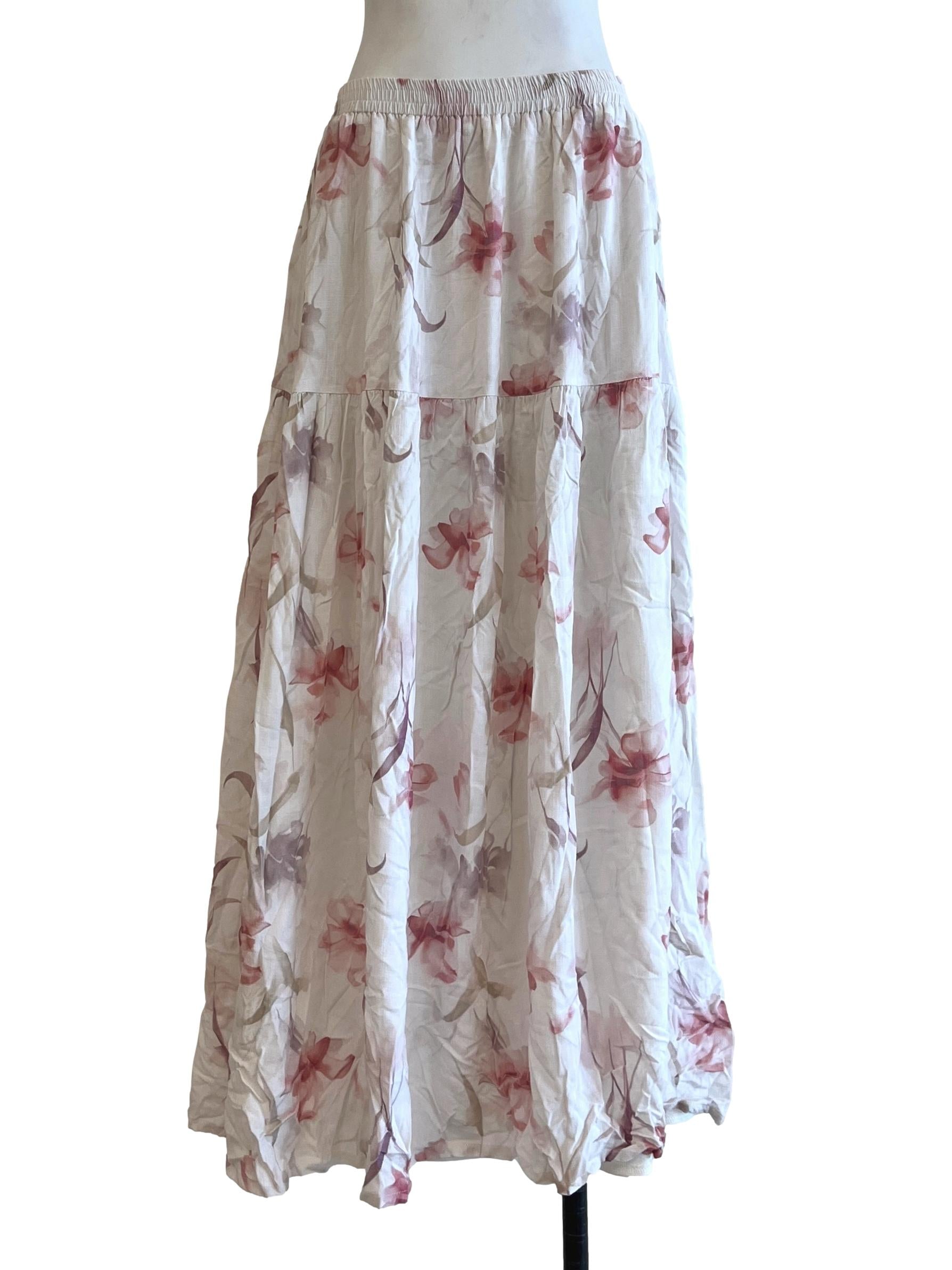 Chiffon White Floral Print Maxi Skirt