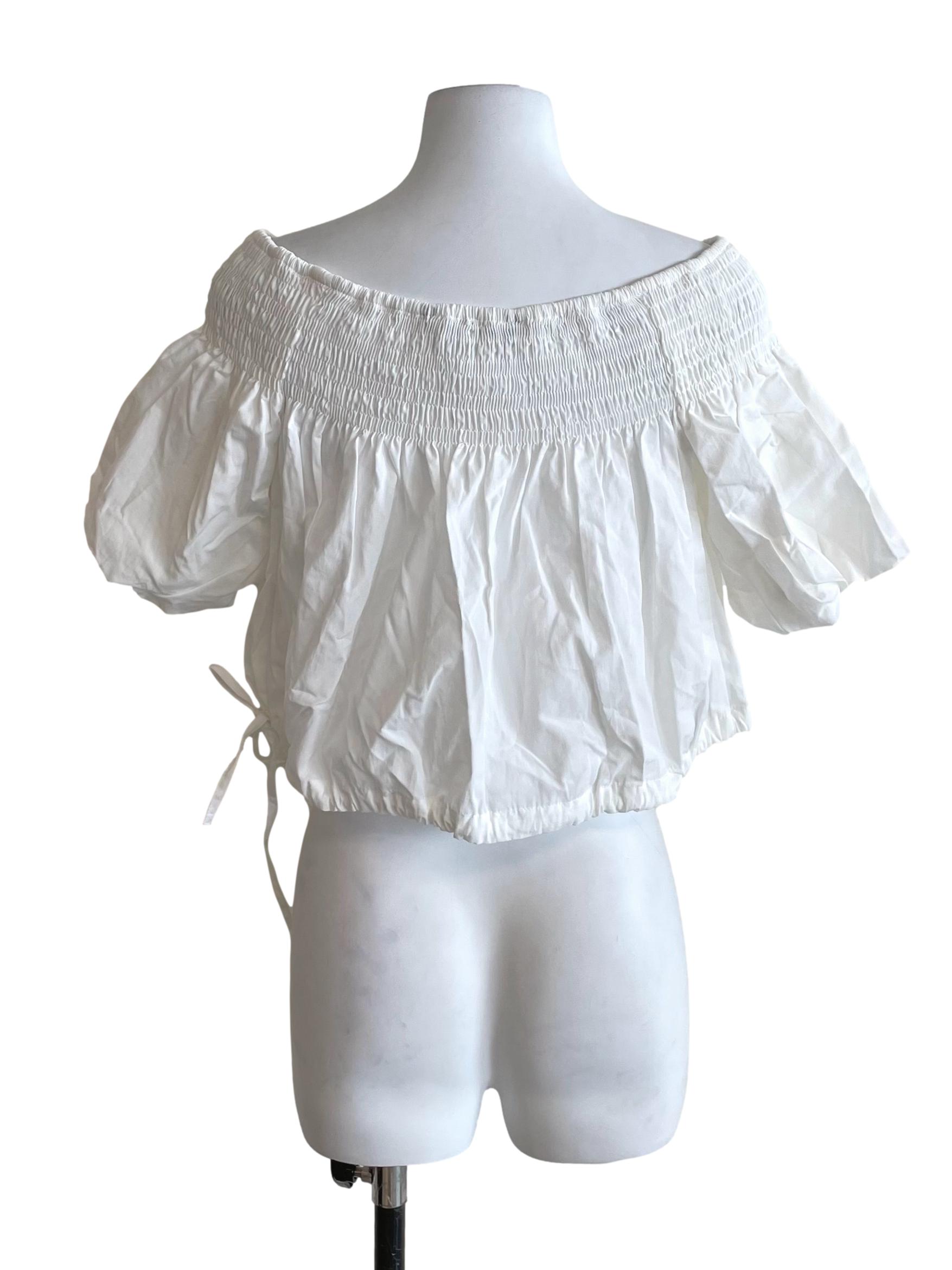 White Off Shoulder Shirred Puffy Crop Top