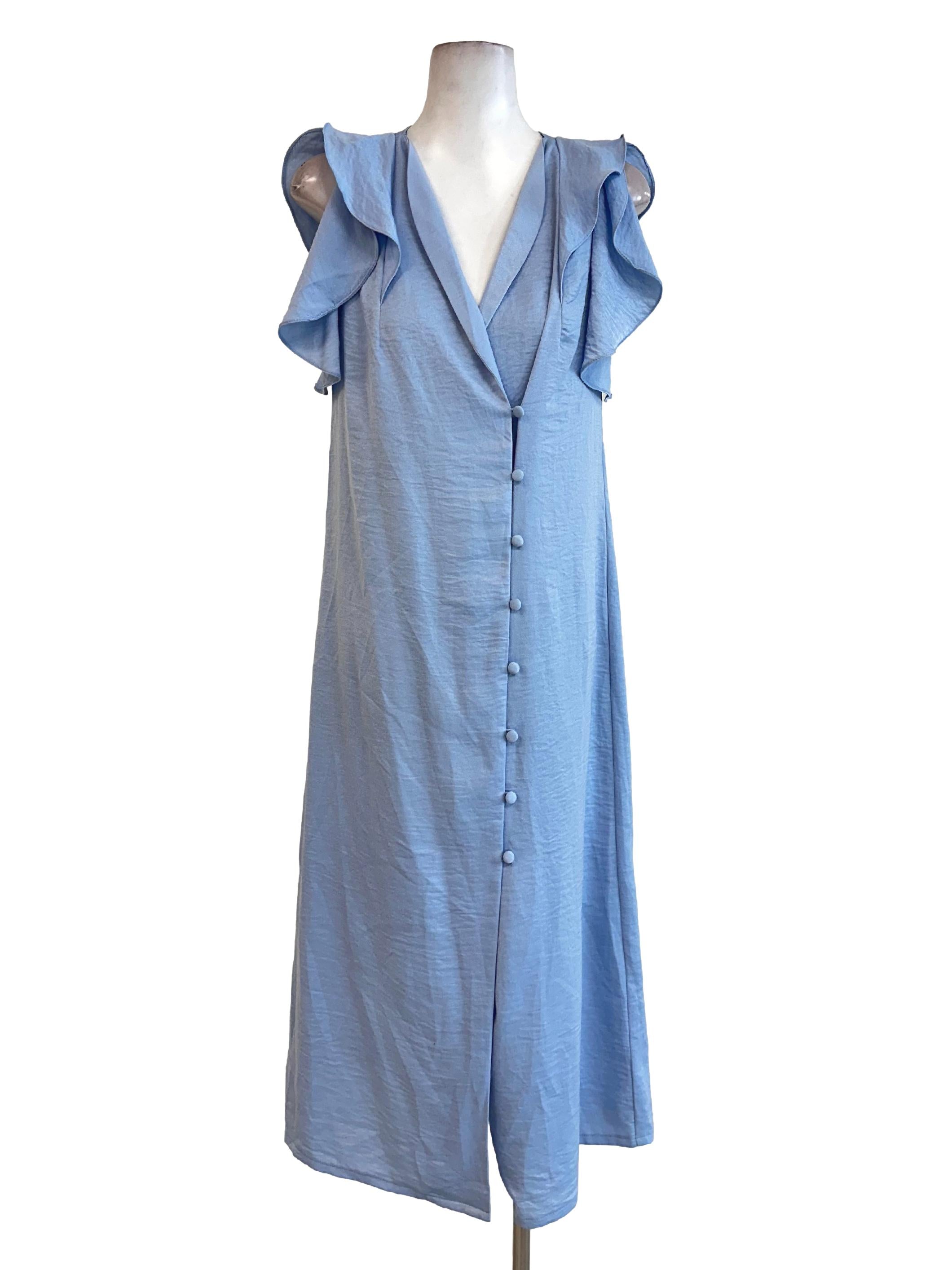 Light Blue V Neck Button Dress