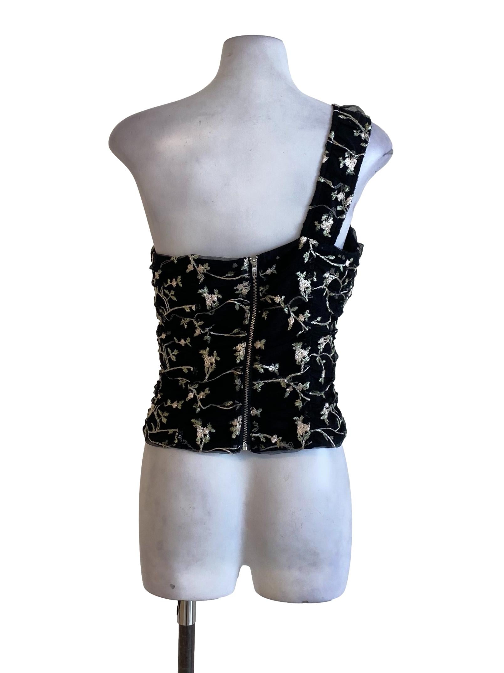 Jet Black Floral Mesh One Shoulder Fit Top