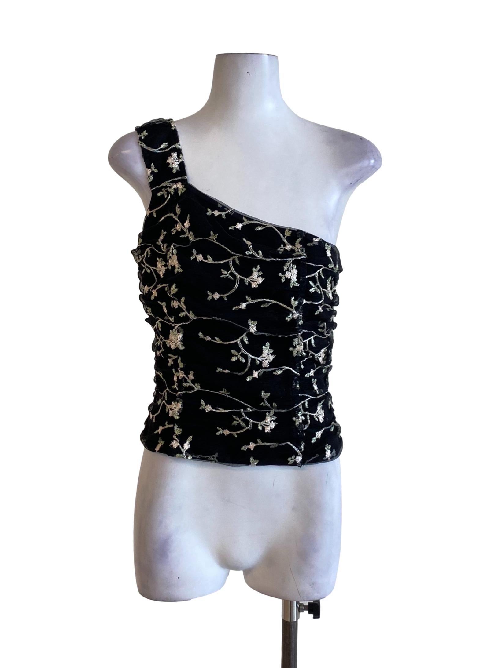 Jet Black Floral Mesh One Shoulder Fit Top