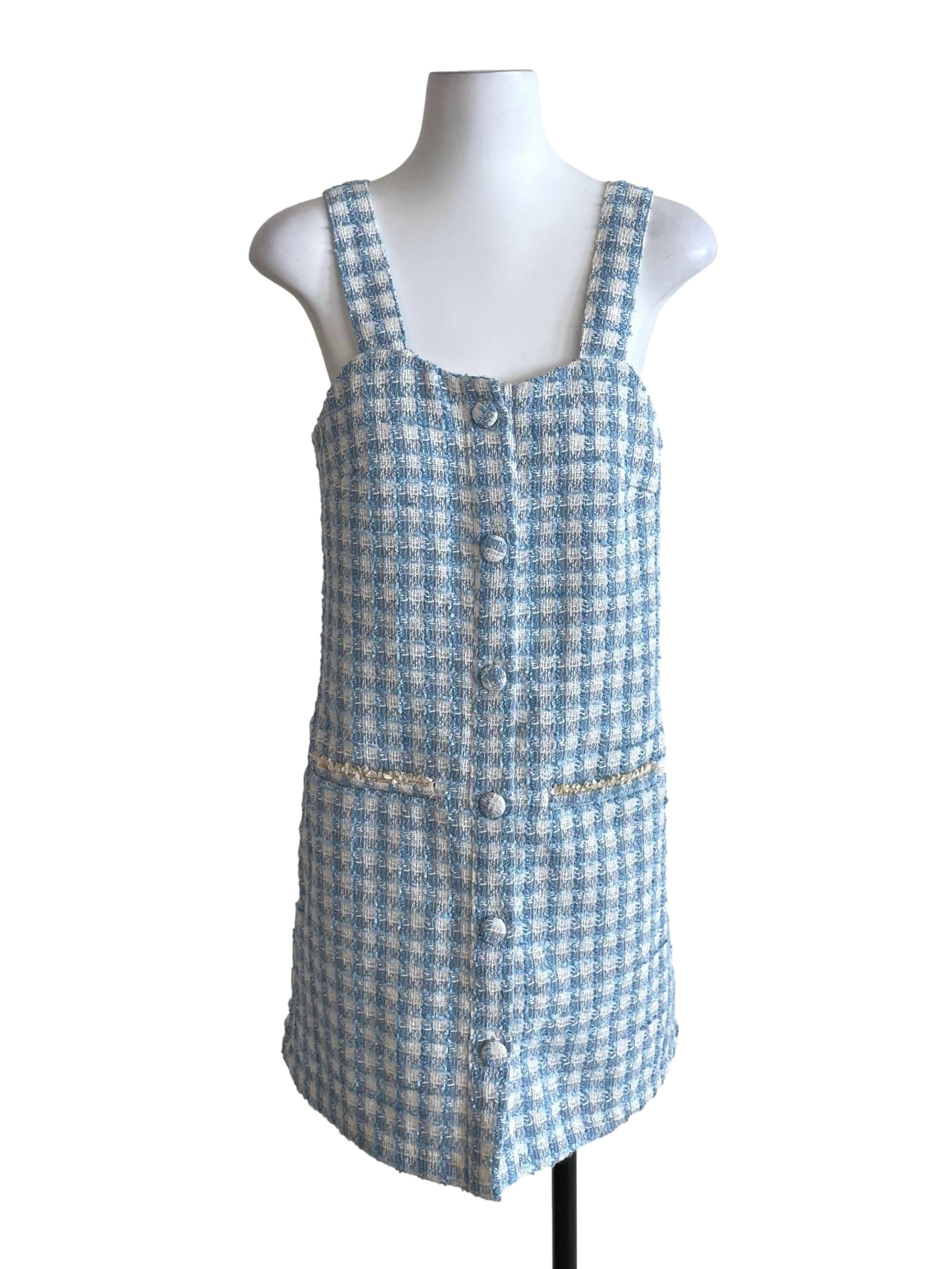 Light Blue Tweed Button Down Straight Dress