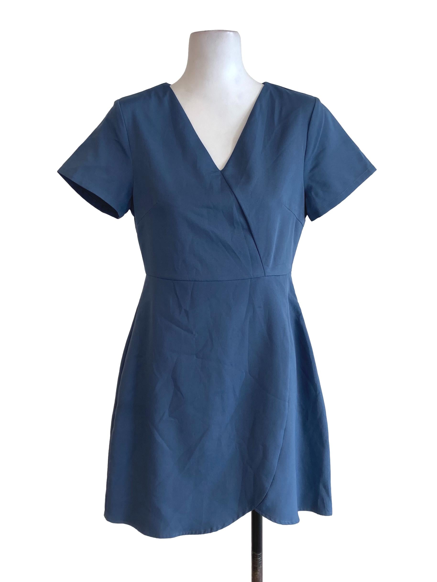 Blue V Neck A Line Dress